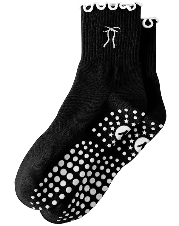 Yawlsow Cute Pilates Grip Socks for Women Ruffle Frilly Yoga Socks Non Slip Cotton Crew Grippy Sock for Barre Workout (US, Alpha, One Size, Regular, Regular, 1 Pack-Black-White Bow) by Yawlsow - Used condition - US$12.49