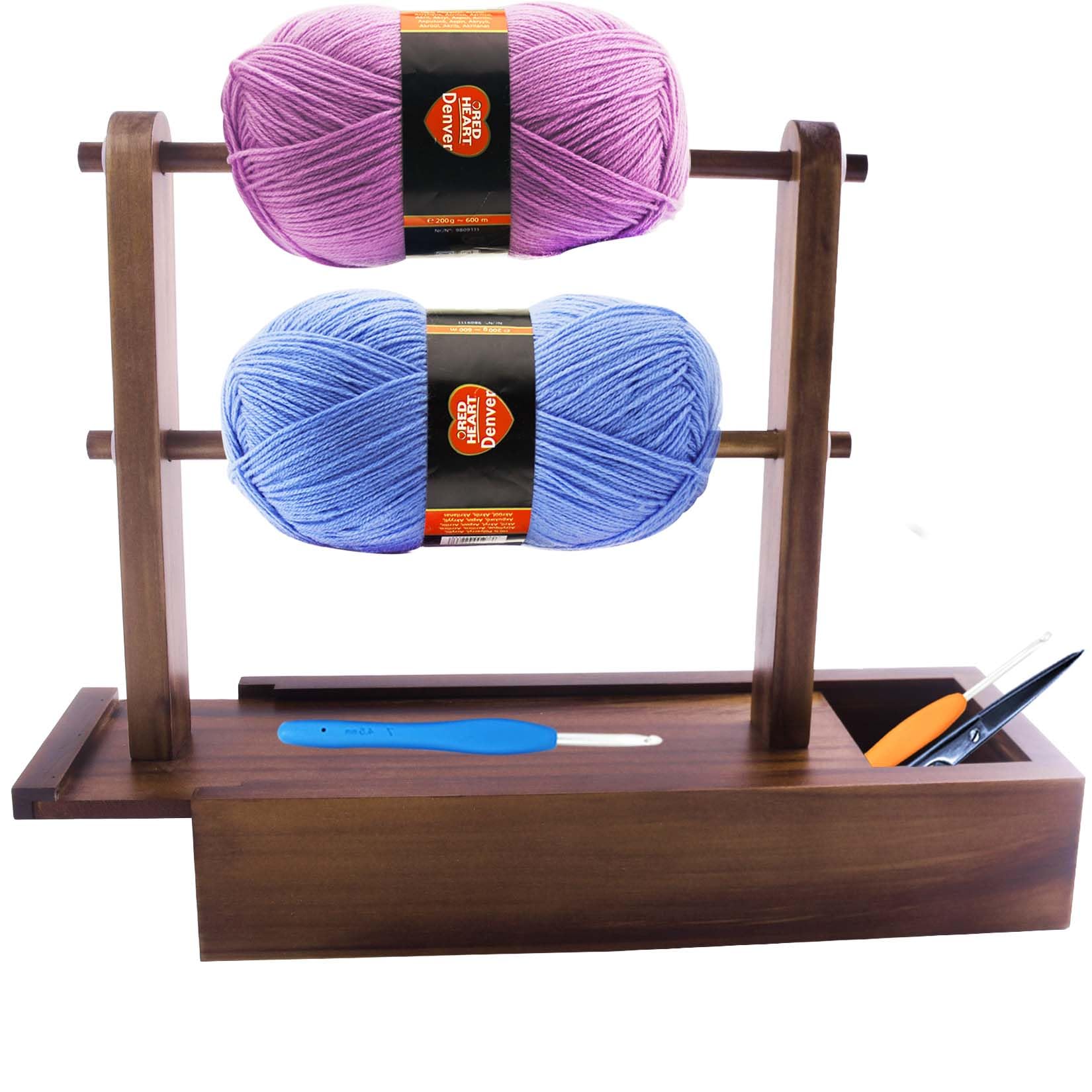 Hgfunlux Yarn Holder Dispenser for Crocheting,Crochet Yarn Holder with Storage Box,Twizzter Portable Yarn Holder,Yarn Holder for Crocheting,Handmade Wood Yarn Dispenser,Yarn Ball Holder,Walnut