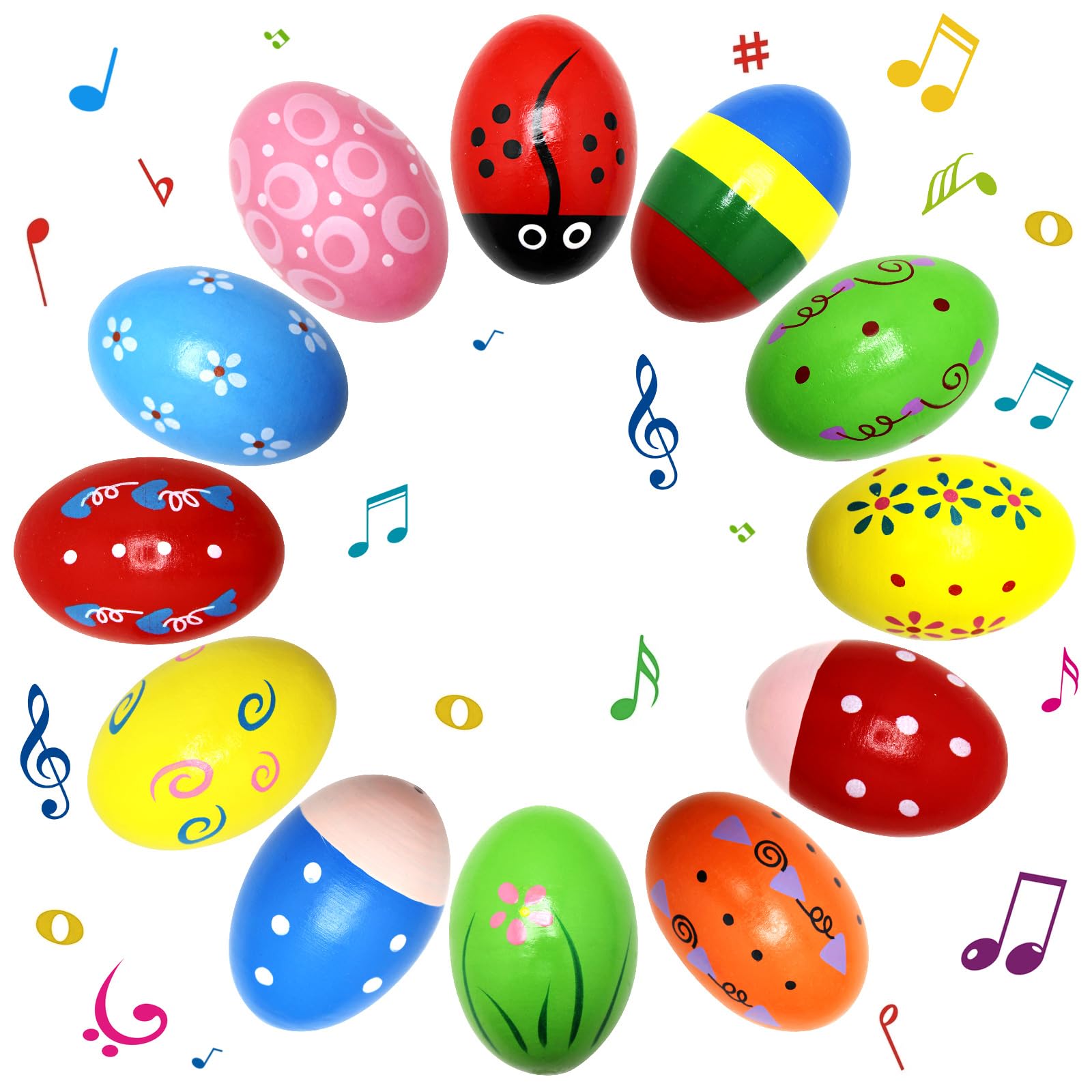 12 Pack Wooden Musical Eggs Shakers Maracas for Baby Kids Percussion Instrument Early Learning Toys Easter Stocking Stuffers