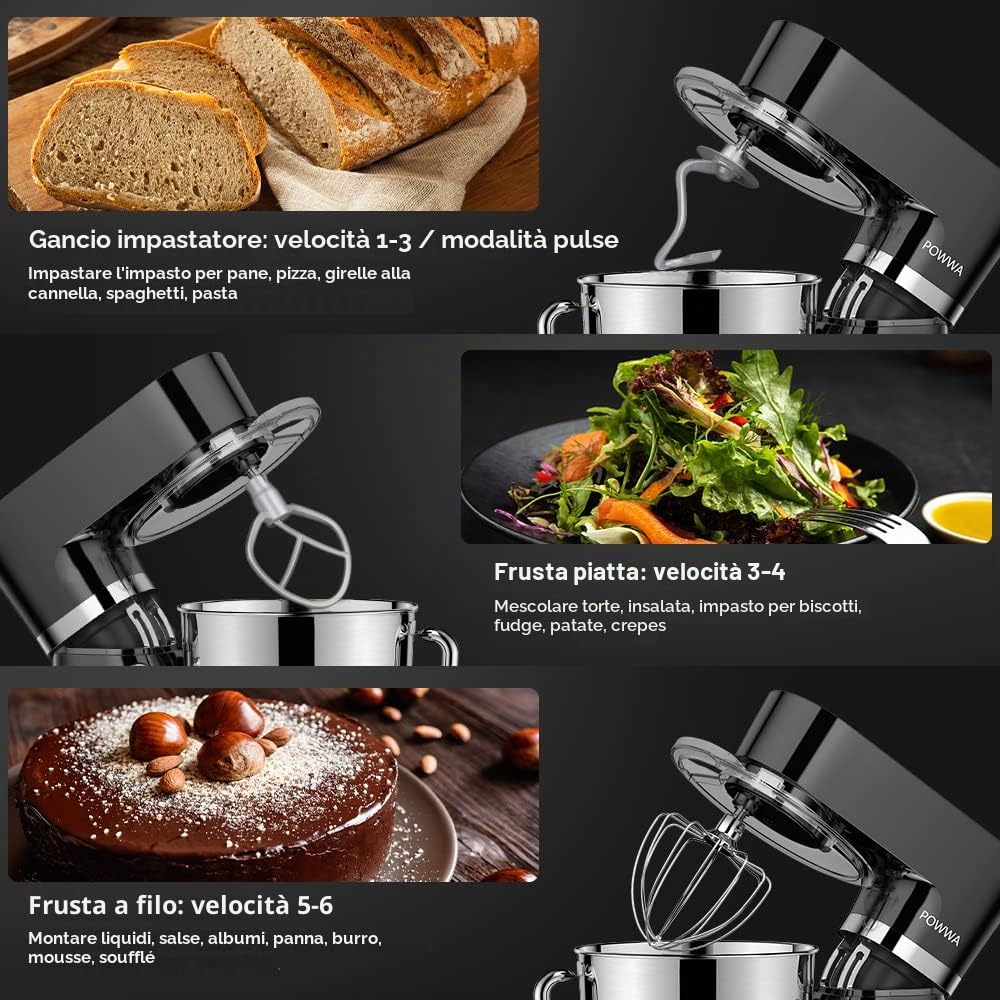 Impastatrice Planetaria, POWWA 5.5L Robot da Cucina, 6+1 Multifunzione Impastatrice Professionale con Frusta, Gancio per Impastare, Frusta per Dolci, Ciotola di Acciaio Inossidabile (Nero)