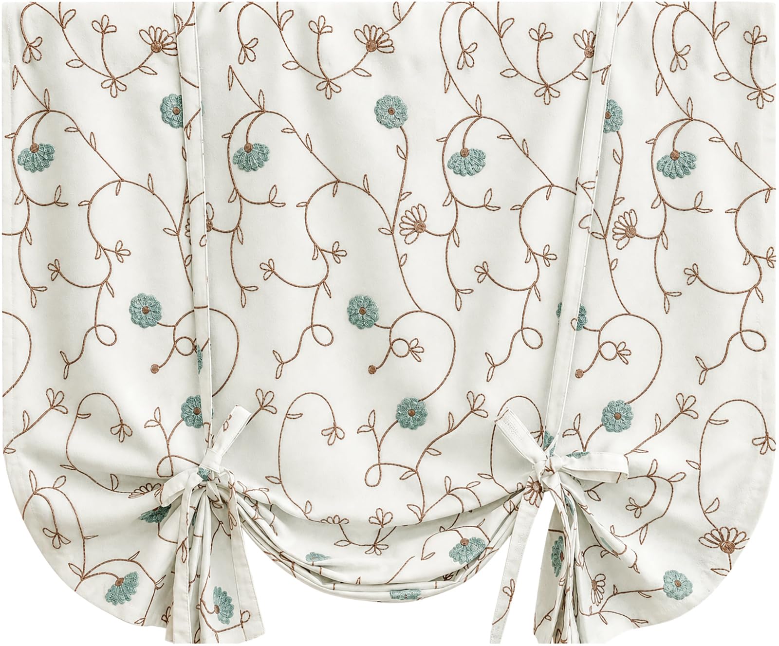 VOGOL Tie Up Curtains for Kitchen Windows, Blue Floral Embroidered Adjustable Tie Up Shades Rod Pocket White Linen Window Drapes for Farmhouse Small Cafe Bathroom, One Panel, 42x63 — image 1