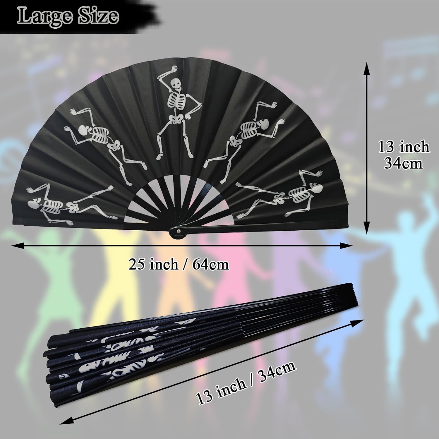Black Folding Fans for Line Dancing, Large Foldable Dancing Skeleton Hand Fan for Boots on The Ground, Halloween, Dancing. Music Festival, Carnival, EDM