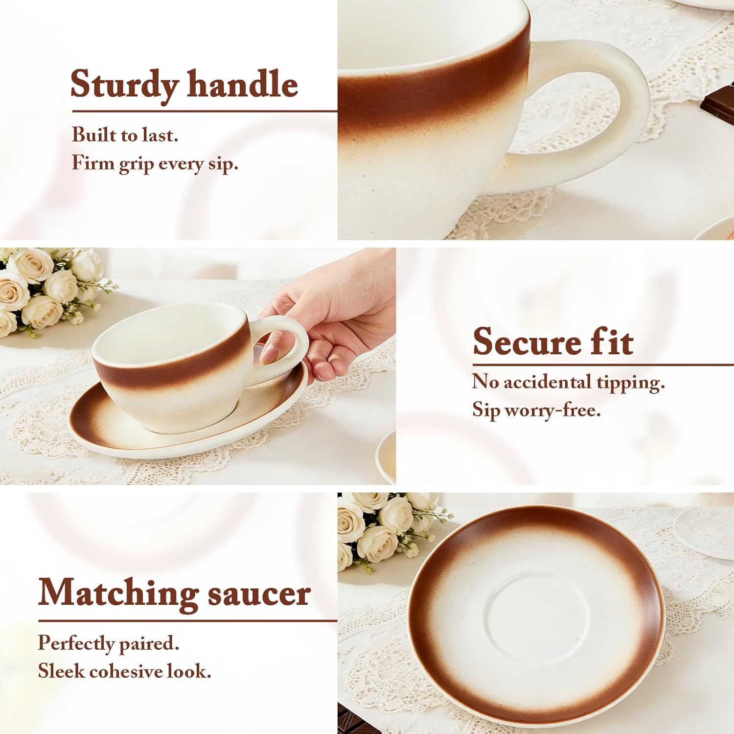 DUJUST Cappuccino Cups Set of 4 (8oz), Ceramic Cappuccino Mugs with Saucers, Spoons & Metal Stand, Latte Cup Set for Latte, Espresso & Americano, Gift Package - Image 4