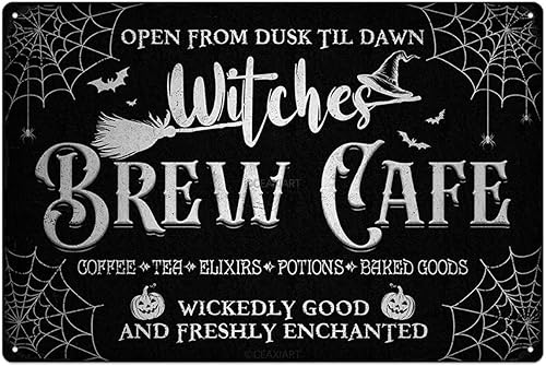 Decoración de Halloween, brujas, cafetería, letreros de metal negro, vintage, Halloween, arte retro, póster, pintura, decoración del hogar, cocina,