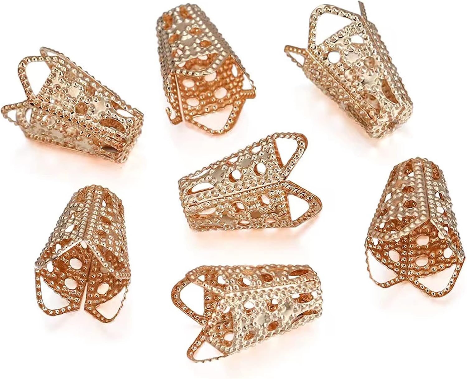 Jaydis 450pcs/Box 5 Styles Iron Long Filigree Hollow Flower Spacer Bead Caps Tibetan Metal Cone Bead End Caps Mixed Colors for Tassel Jewelry Making Hole: 1-2mm
