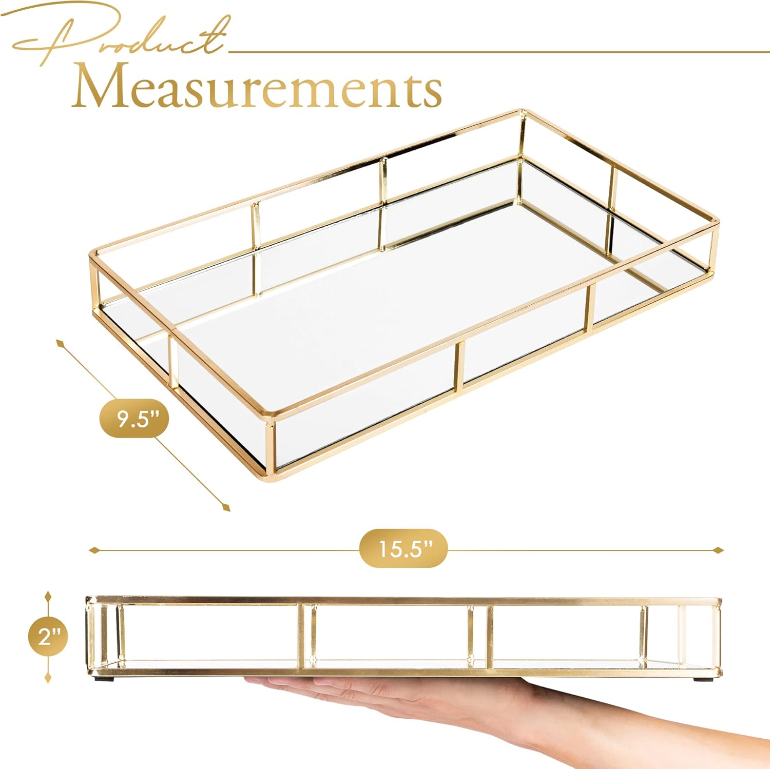 Houseables Gold Mirror Tray, Mirrored Tray, Brass Decorative Organizer for Vanity, Coffee Table, Jewelry, Makeup, Bathroom Counter, Plate, Dresser, Bar, Decor, Large, 16 x 9 x 2 Inch