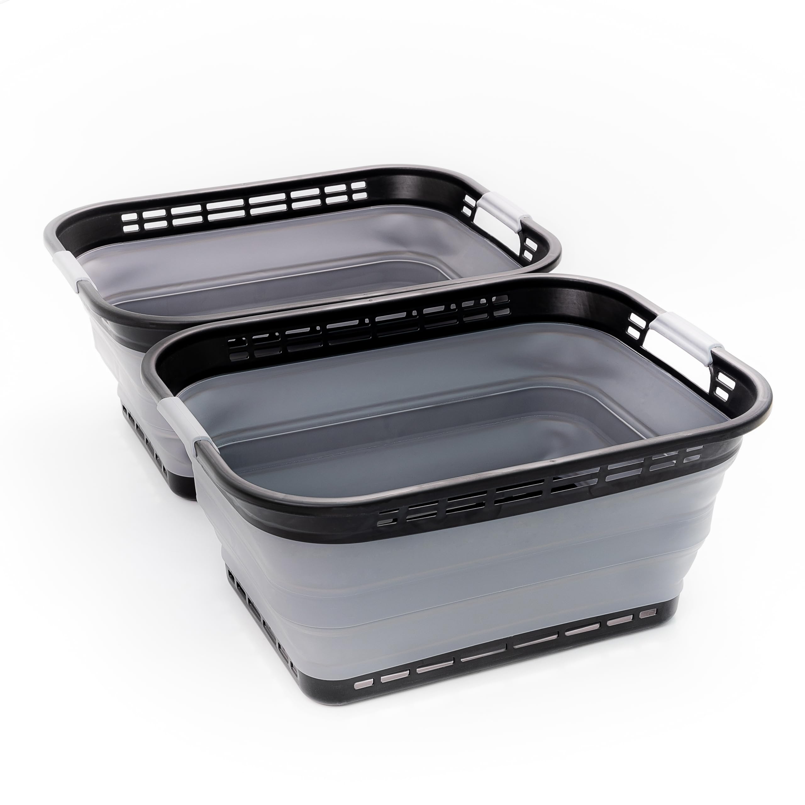 SAMMART 42L (11 gallons) Collapsible Plastic Laundry Basket - Portable Pop Up Storage Container/Organizer - Portable Hamper - Space Saving Easy Storage (Black/Frost Grey (Set of 2))