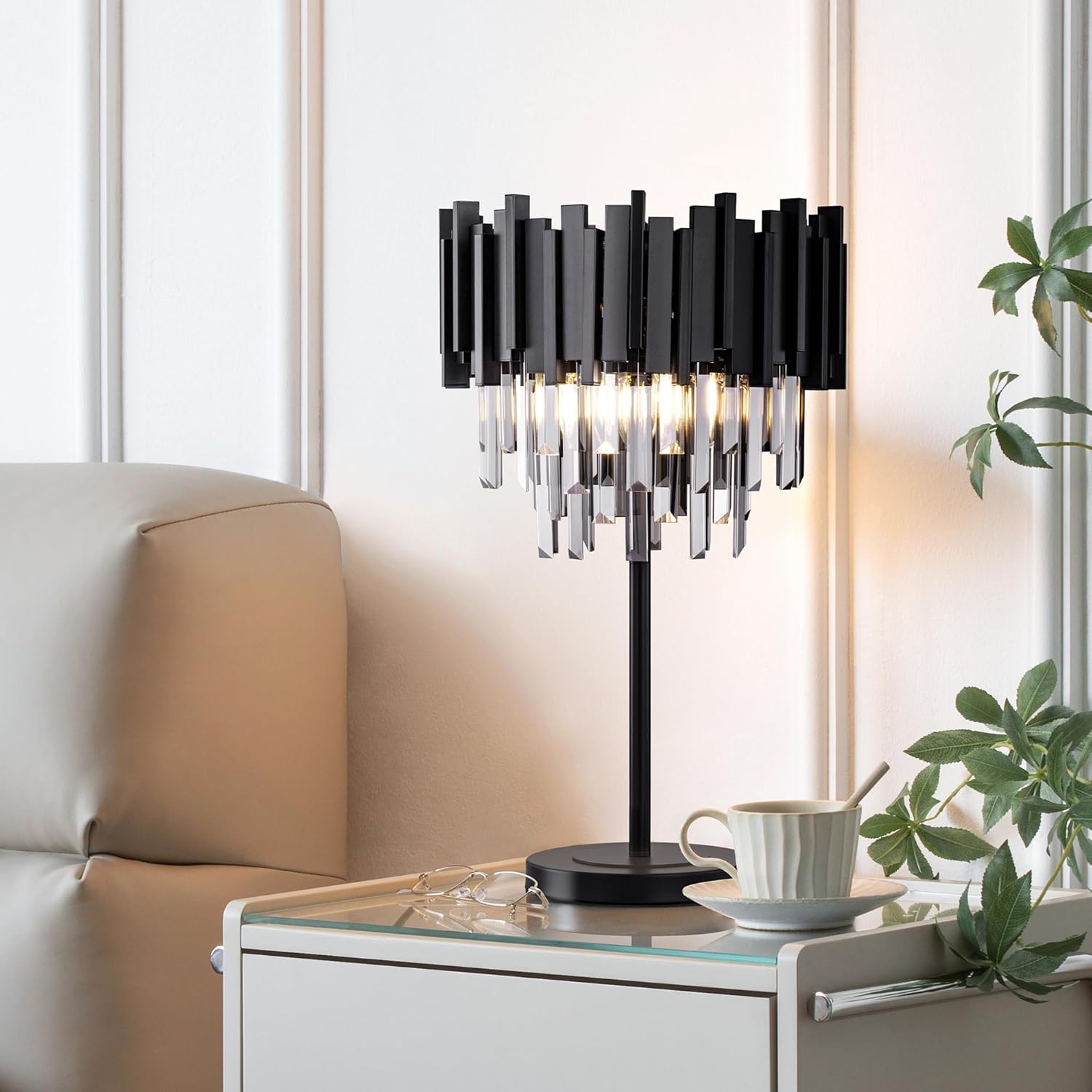 Wellmet Grey Crystal Table Lamp,3 Lights Table Lamps for Bedroom,Black Bedside Nightstand Lamps for Living Room,Small Decorative Desk Lamp for Reading Room