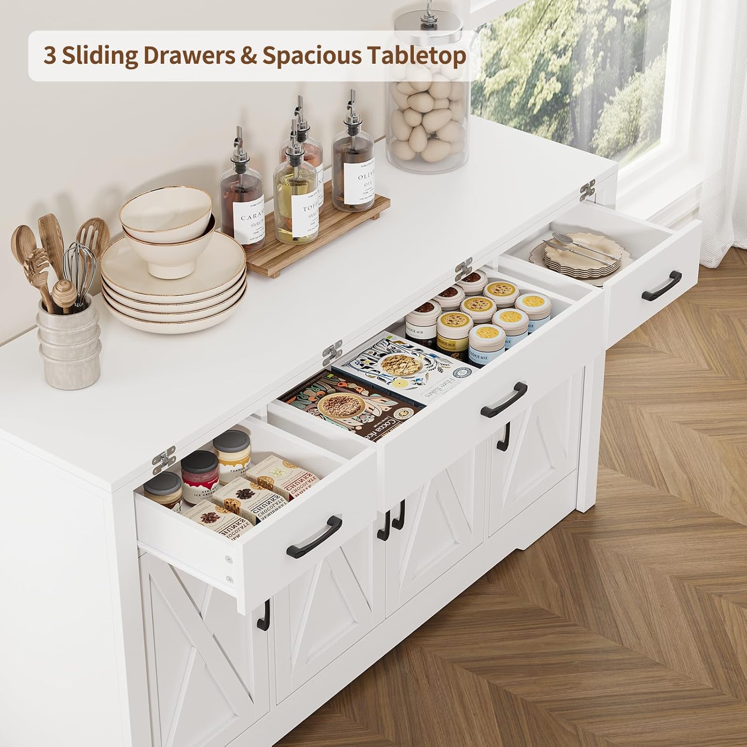 55" Farmhouse Sideboard Buffet Cabinet with Expandable Tabletop & Sliding Side Panel, 2-in-1 Wood Credenza Storage Cabinet with 3 Drawers & Adjustable Shelves, for Kitchen Living Room, White