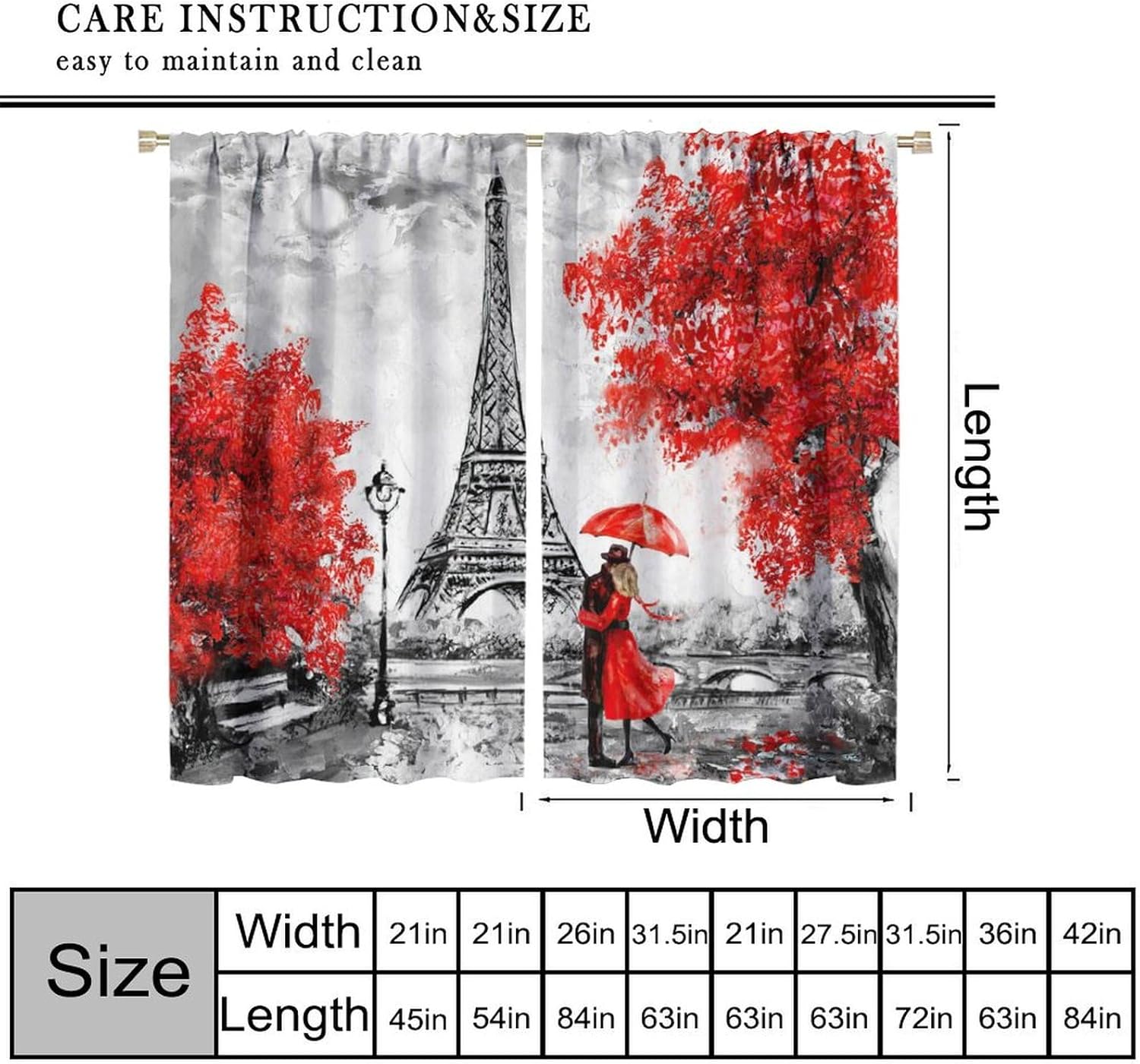 Paris Eiffel Tower Blackout Curtains, Oil Painting Art European Cityscape Eiffel Tower Red Trees Couple Under Umbrella On Street, for Bedroom Living Room 21(W)*45(L) 2 Panels