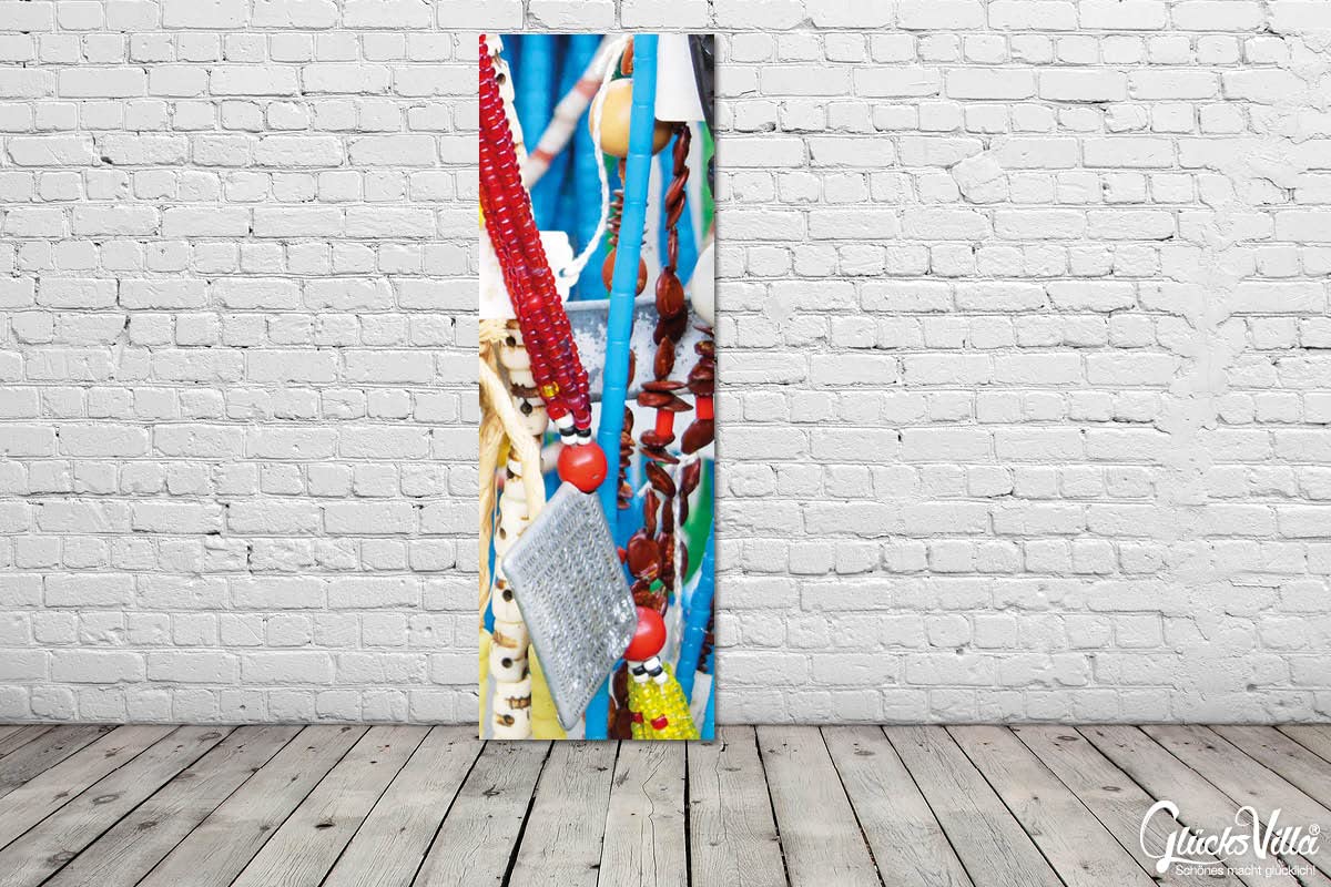 Glücksvilla - Ketten 3 (Leinwand-Bild 2 cm, 60 x 20 cm) | div. Maße - aus DE - Kunstdruck XXL Deko Wandbild quer - Schmuck Kunst Afrika Perlen bunt Silber Trödel