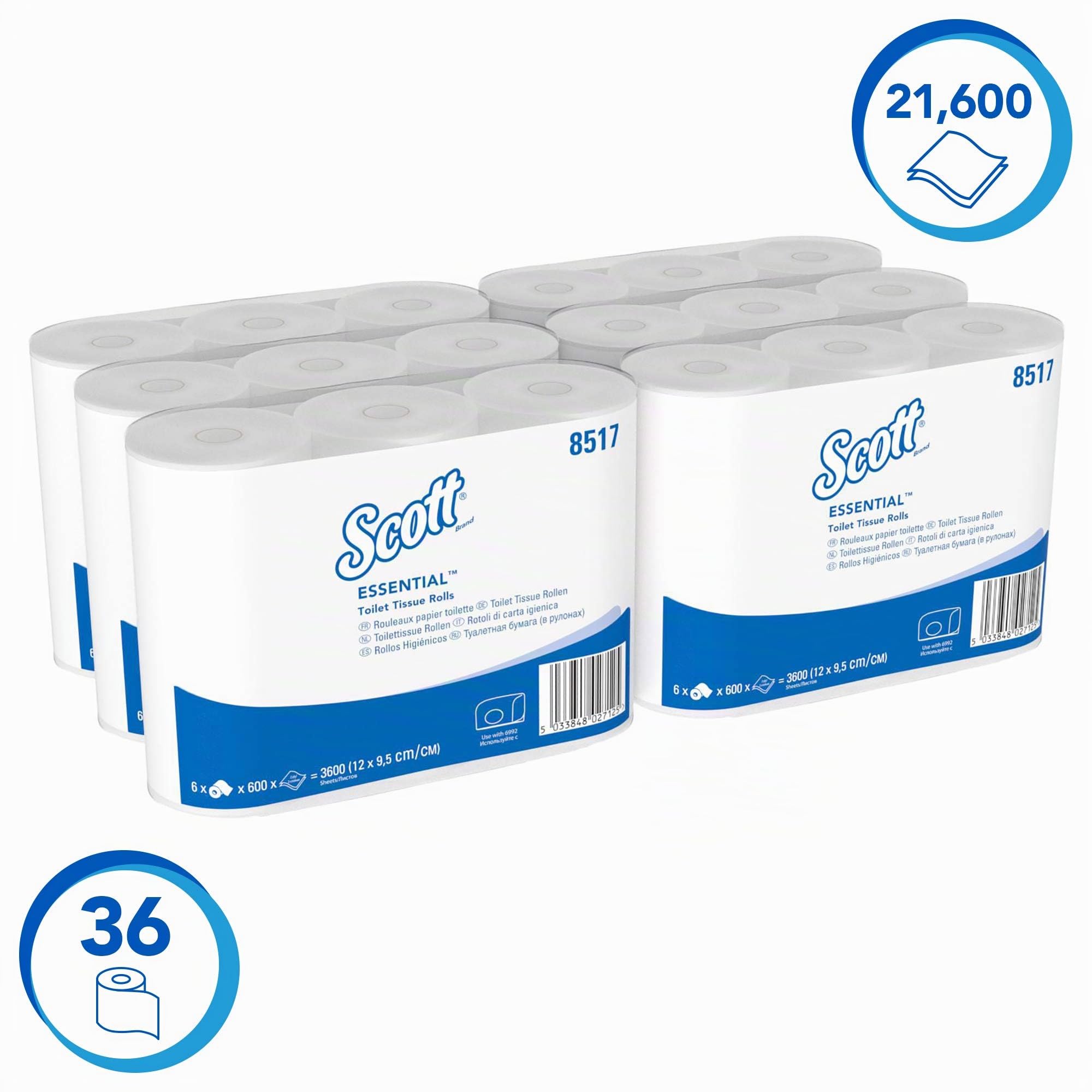 Scott Essential Papier toilette 8517, 2 Épaisseurs, Papier toilette en petits rouleaux compacts, Certifié FSC, Pour les sanitaires très fréquentés, 36 rouleaux x 600 feuilles (21.600 au total)