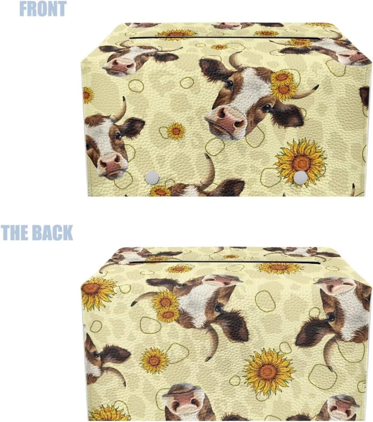 Cozeyat Rectangular Tissue Box Cover Stylish Funny Cow Sunflowers Design Tissue Box Holder with Belt Bottom, Decorative PU Leather Tissue Box for Vanity Dresser Night Stand Table Countertop image 2