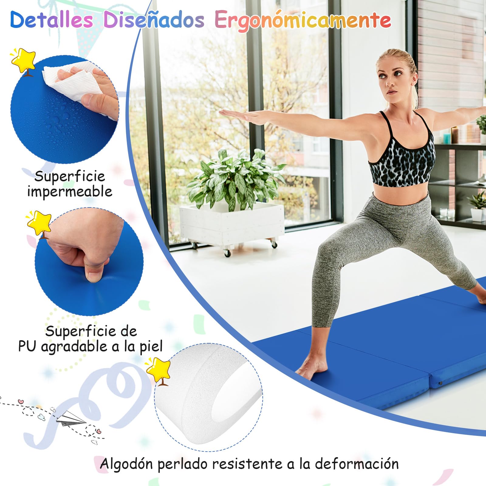 COSTWAY 180 x 60 x 5 cm Colchoneta de Gimnasia Plegable, Esterilla de Gimnasia con Superficie Impermeable y Algodon Perlado, Estera Suave de Yoga con 2 Asas para Niños Adultos (Oscuro Azul)