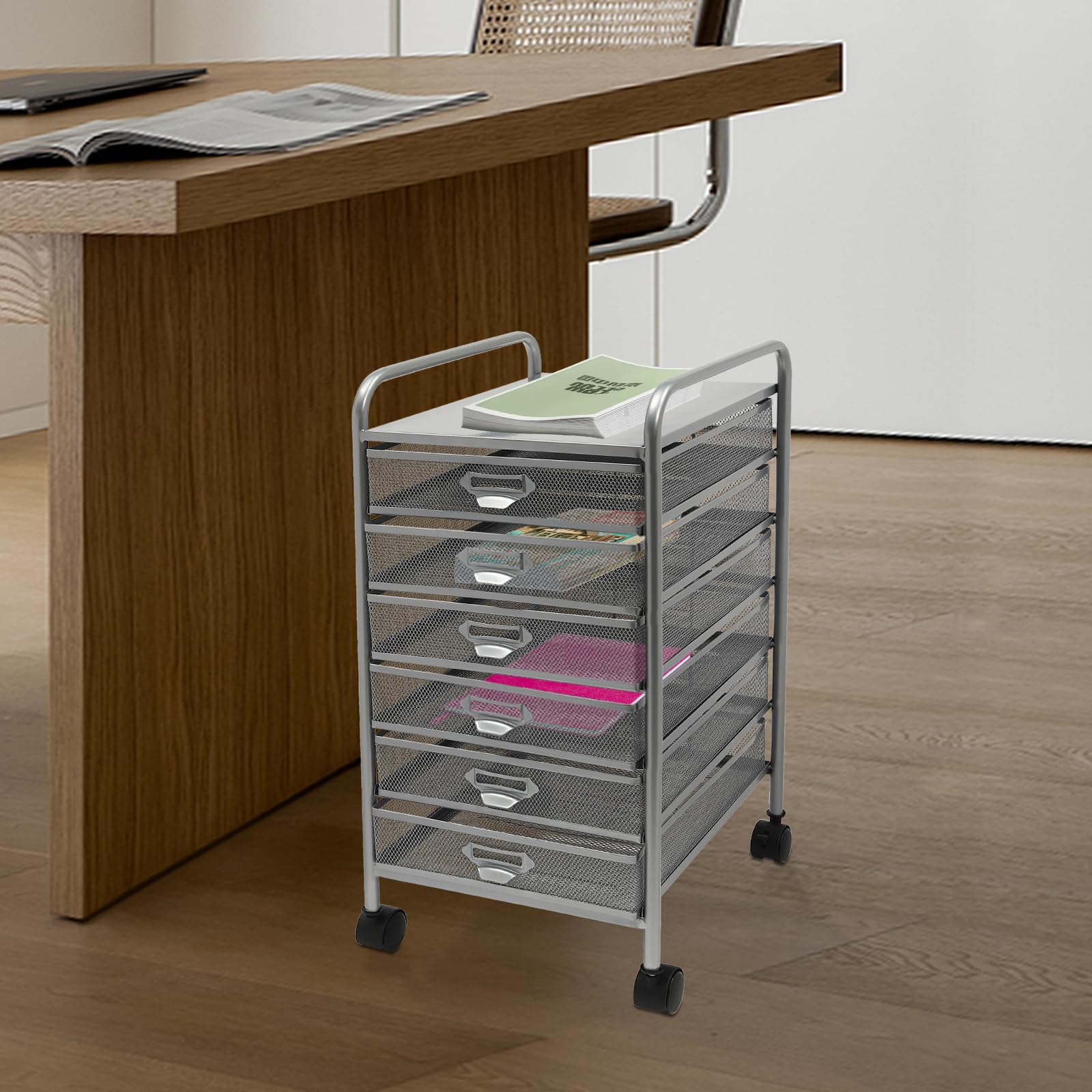Archivador rodante con 5 o 6 cajones, Organizador de Manualidades con Ruedas, Almacenamiento Delgado para Maquillaje y Utensilios de Cocina (Plateado, 6 Niveles)
