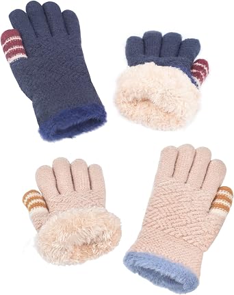 FENELY Winter Gloves for Boys Girls - Kids Warm Knit Thermal Cable Knitted Gloves Wool Fleece Lined Mittens for Cold Weather