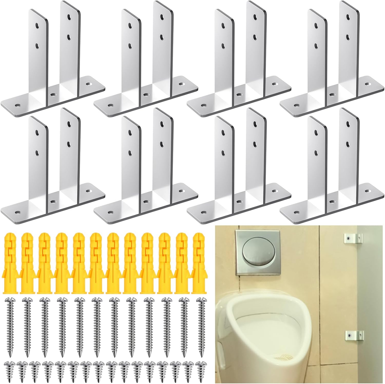 Blulu 8 Pack Urinal Screen Polished Chrome 2-Ear Urinal Screen Brackets for 1 in. Panels with Fasteners Restroom Partition Hardware for New installations or Repairs (1 Inch,Polished Chrome)