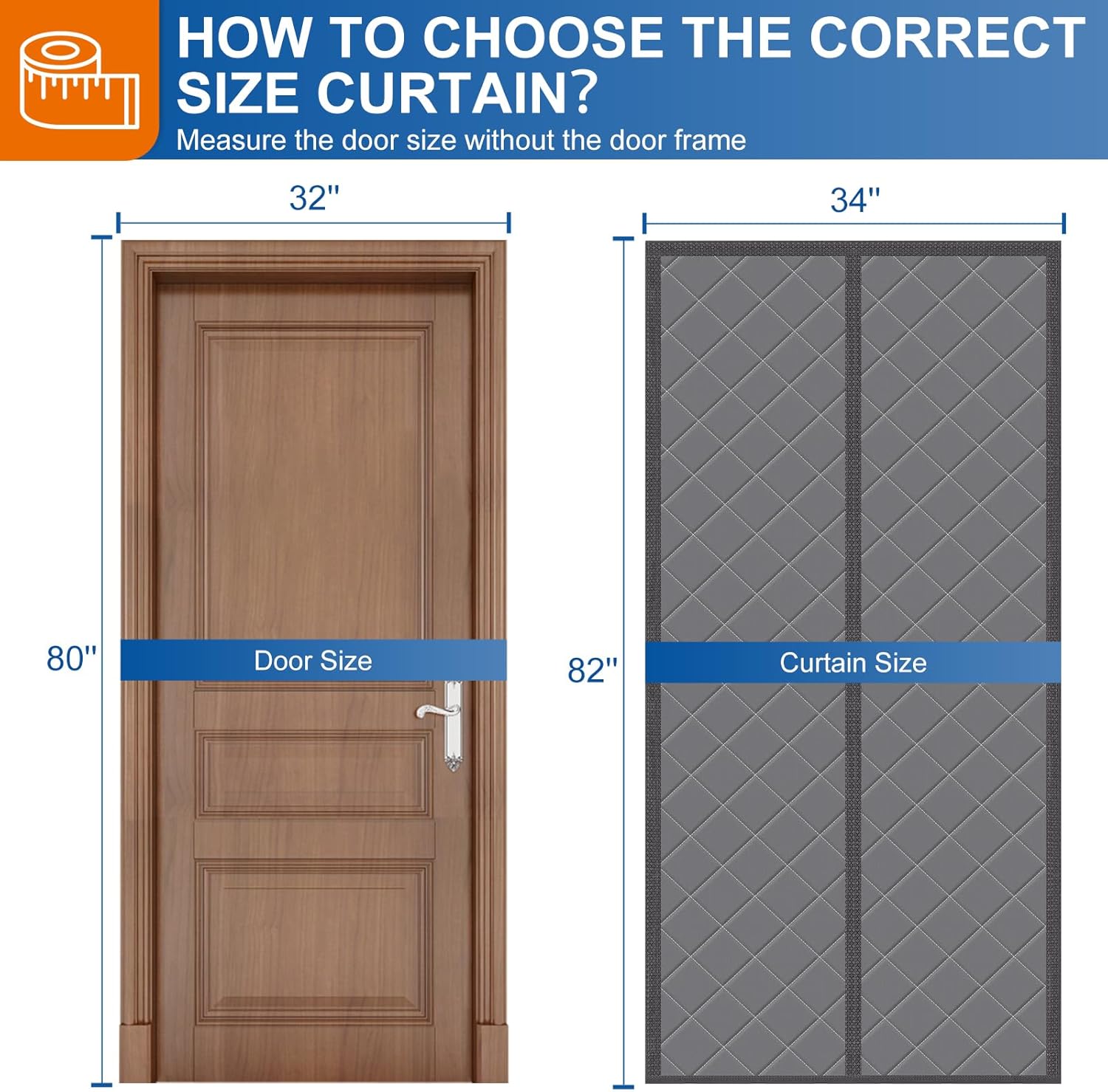 Magnetic Thermal Insulated Door Curtain Temporary Magnetic Screen Door Fits Door Size 32X80 Thicker Layered Fabric Self Closing Door Curtains with Thicken Cotton for Winter Back/Front Doors