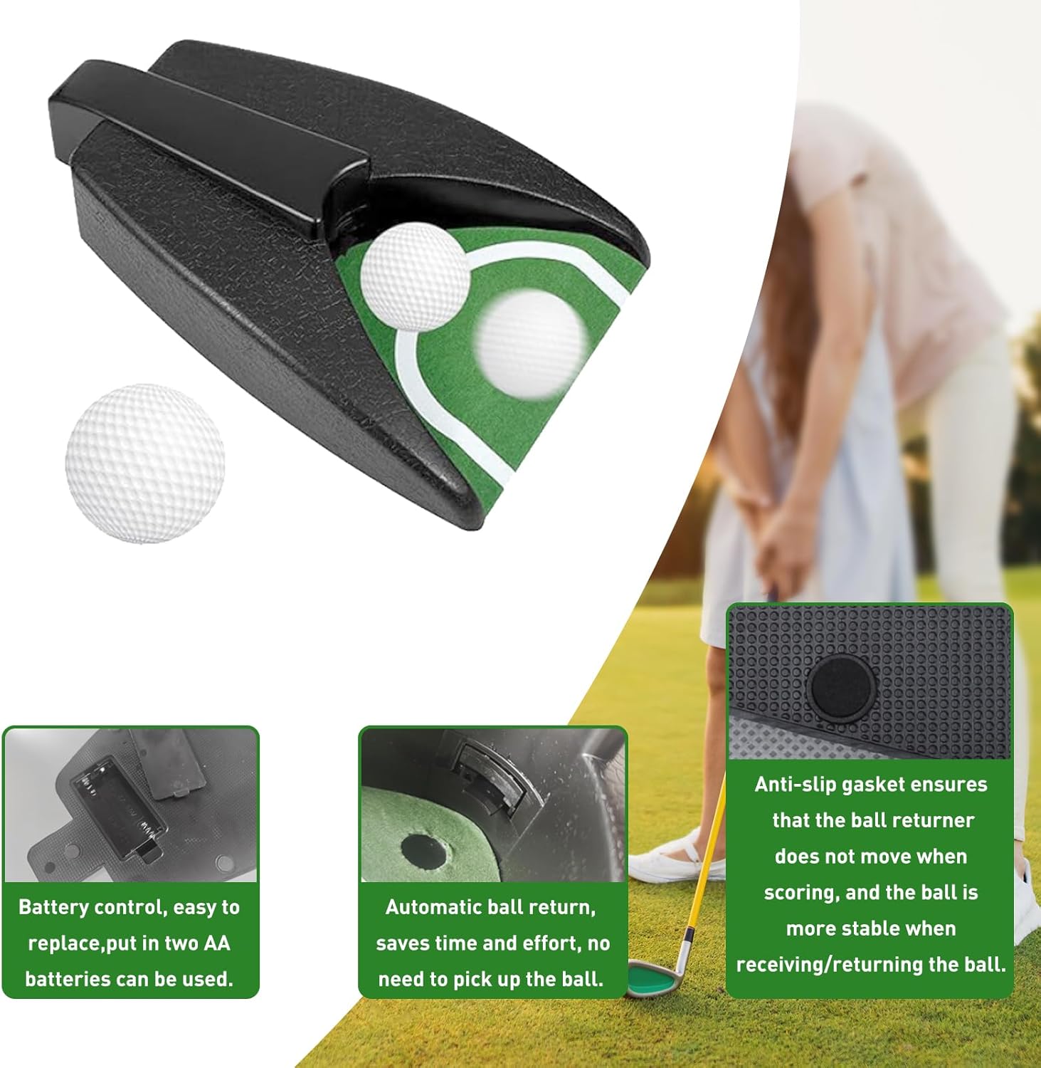 Golf Putting Combo: Automatic Ball Return Machine & Two-Way Putter Set with Practice Balls - Indoor/Outdoor Use for Men, Women, Kids