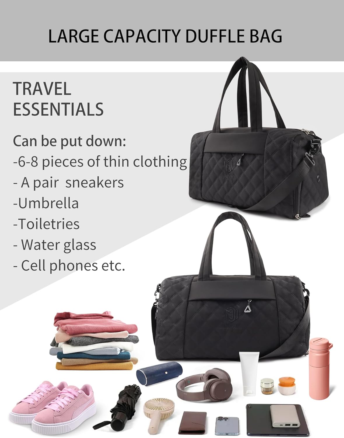 Travel Duffle Bag for Women Weekender Bag Luggage with Toiletry bag Shoe Pocket for Hospital,Gym and Airplane Travel,Black - Image 5