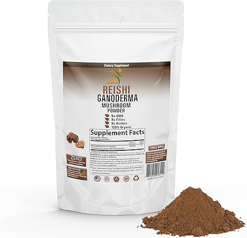 Seta Reishi 3.53 oz en polvo 3.52 oz (60% polisacáridos) para mayor longevidad por SMS, vegano, orgánico, extracto de Reishi sin OMG, suplemento