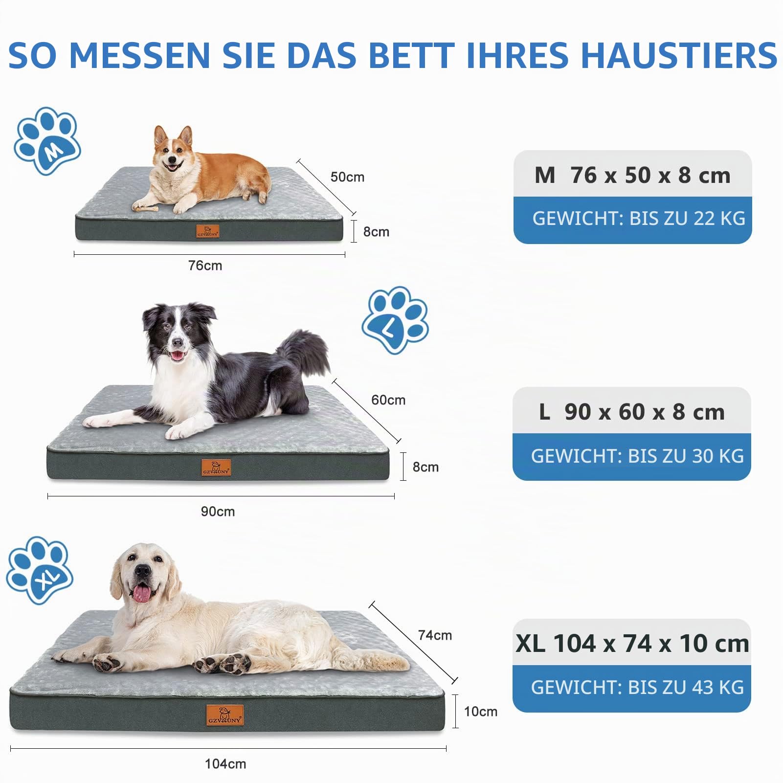 Orthopädisches Hundebett Grosse Hunde, Wasserdichtem Hundekissen mit Abnehmbarem Waschbar Bezug und Eierförmiger Schaumfüllung, Atmungsaktivem Hundematte Hundematratze, Grau L(90x60x8cm)