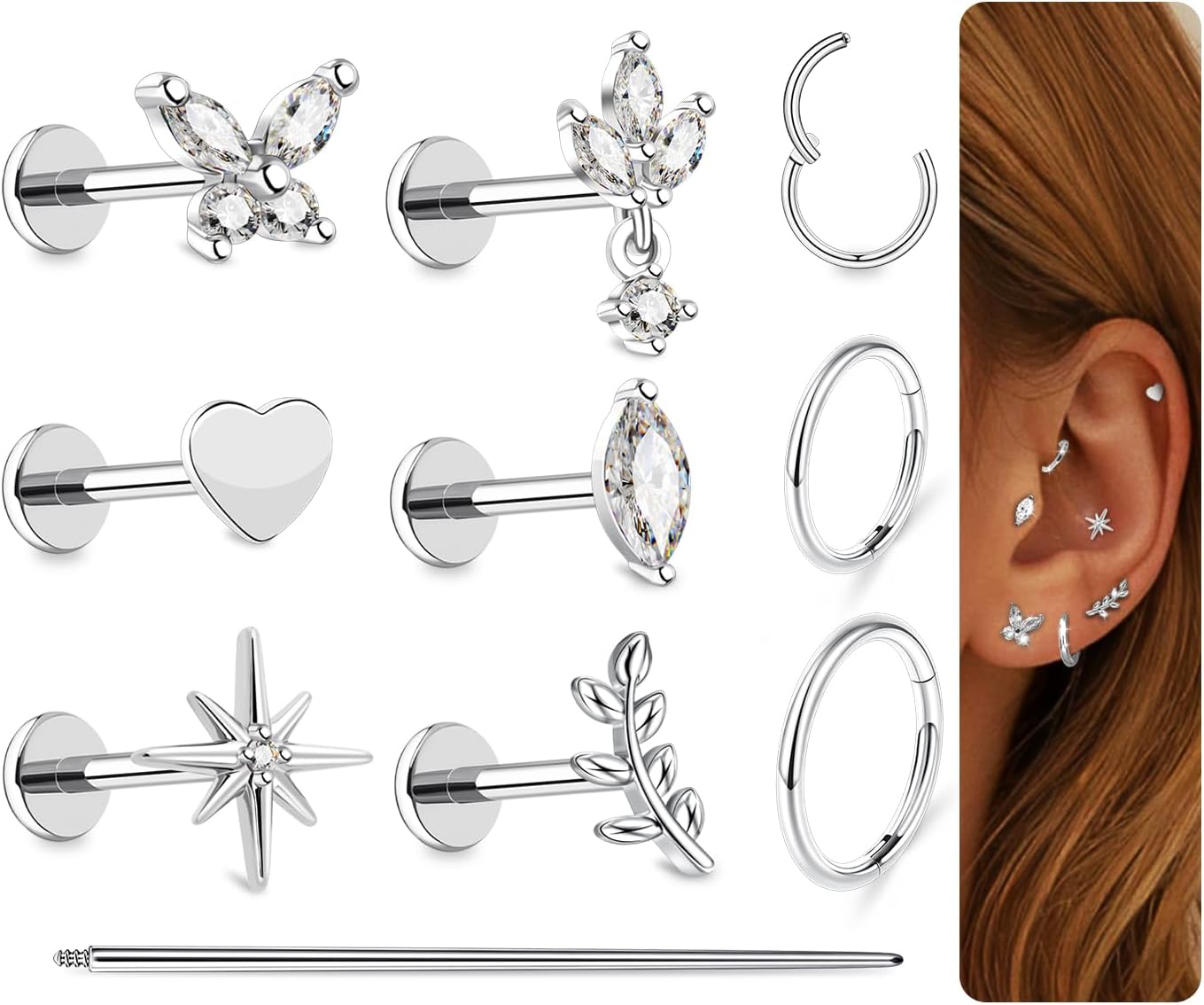 G23 Titanium 10Pcs 16G/18G Stud Earrings Flat Back Tragus Cartilage Earrings Rings Hoops CZ Butterfly Flower Leafage Heart Stud Labret Conch Helix Piercing Jewelry Set