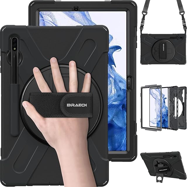 BRAECN Case for Samsung Galaxy Tab S8 Plus 2022/ S7 FE 2021/ S7 Plus 2020 12.4 inch, Rugged Heavy Duty Shockproof Protective Case with Pencil Holder /Kickstand/Hand Strap/Shoulder Strap-Black
