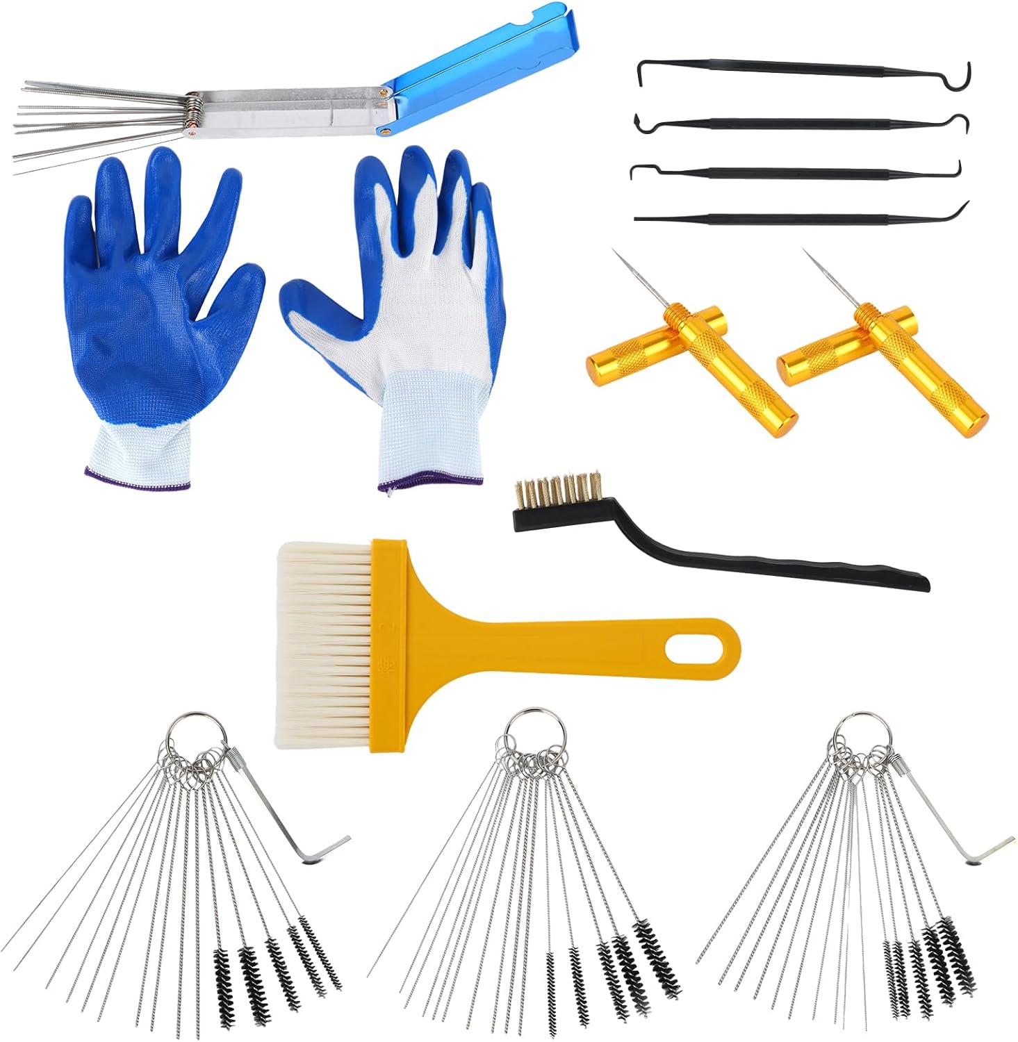Carburetor Cleaning Kit, Welding Torch Tip Dirt Cleaner Set 15 Nylon Brushes 30 Needles 2 Hexagonal Wrenches 2 Sharp Picks 26 Wires 4 Cleaning Hooks 1 Gloves 2 Brushes Carb Jet Clean Spray Tool