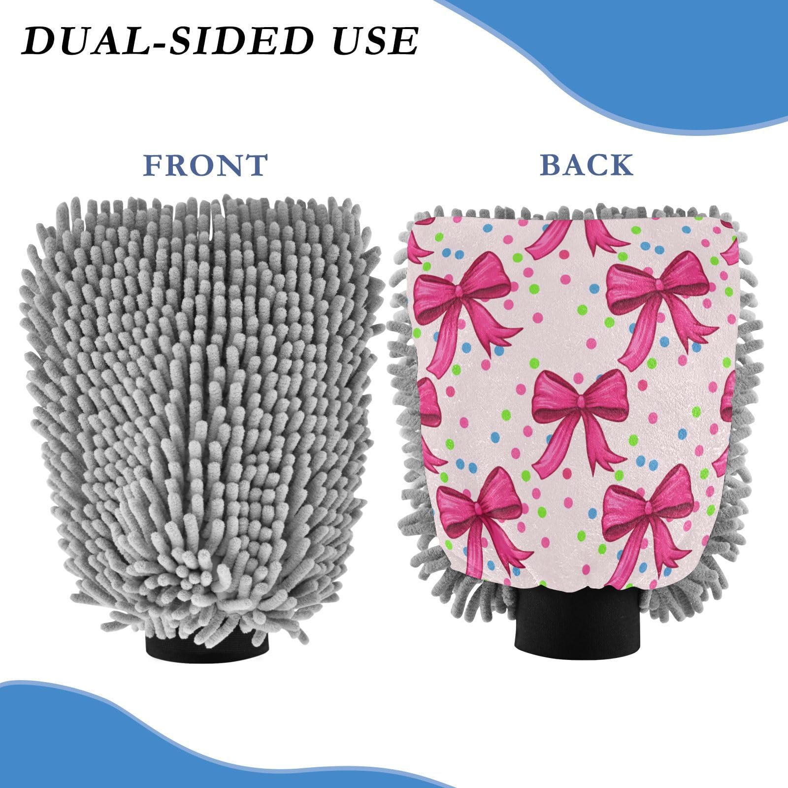 Kigai Cute Bow Ribbon Car Wash Mitt Microfiber, 2Pcs Scratch Free Lint-Free, Premium Chenille Microfiber Mitt Car Wash Brush-M