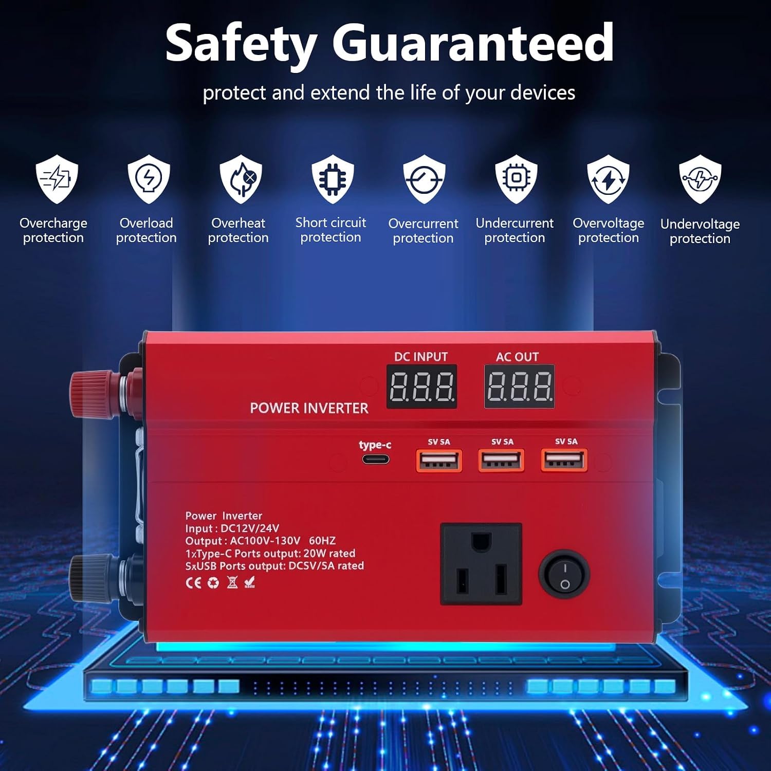 600W Car Power Inverter, 12V/24V Car Plug Adapter Outlet Converter with 1 Type C Port, 3 USB Ports, Dual AC Outlets for Cars Trucks US Plug (Red)