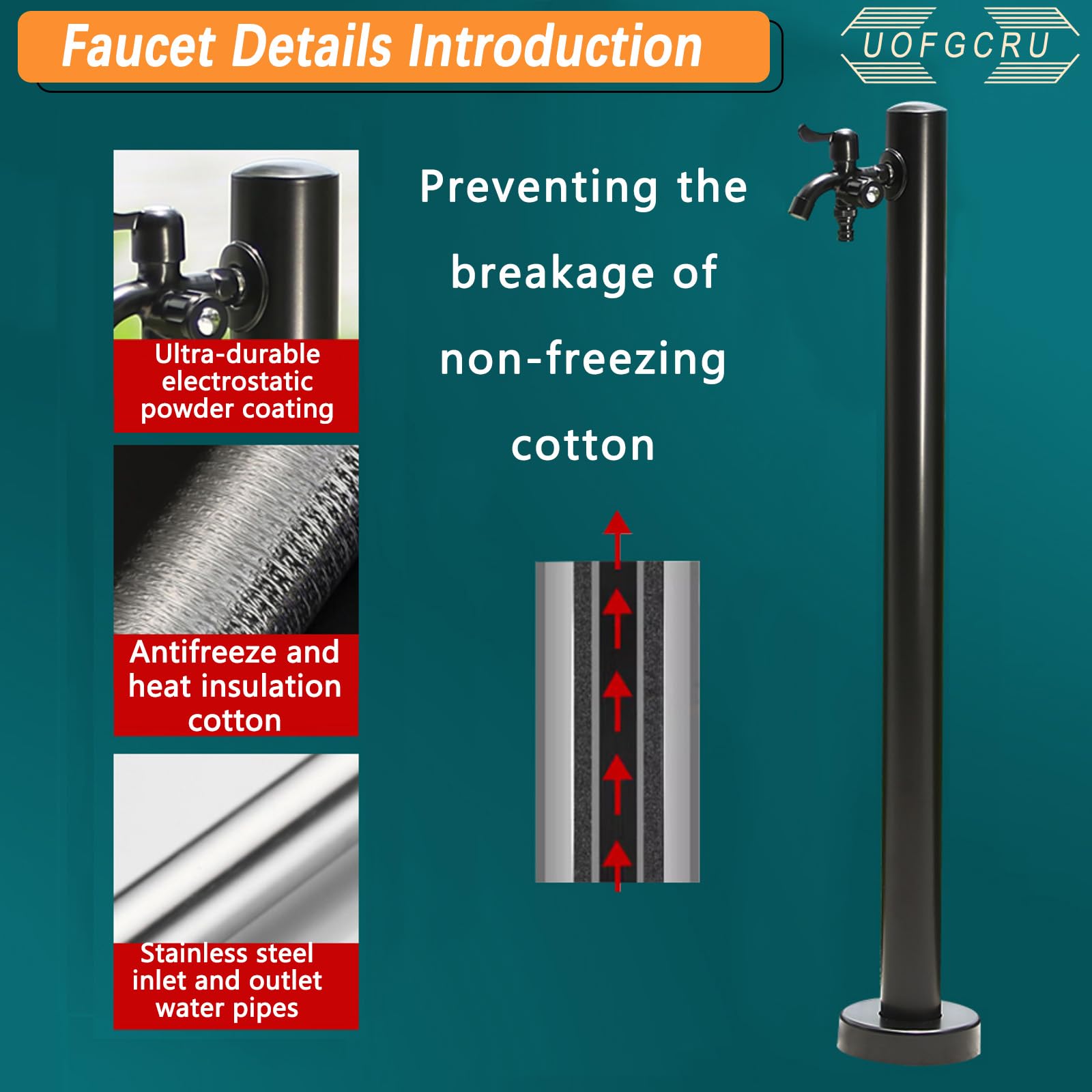 Columna de Agua de Jardín Cilíndrica de Acero Inoxidable, Grifo Anticongelante para Exteriores, Hidrante con Grifo de Doble Salida, para Riego y Lavado(Negro D - 60cm)