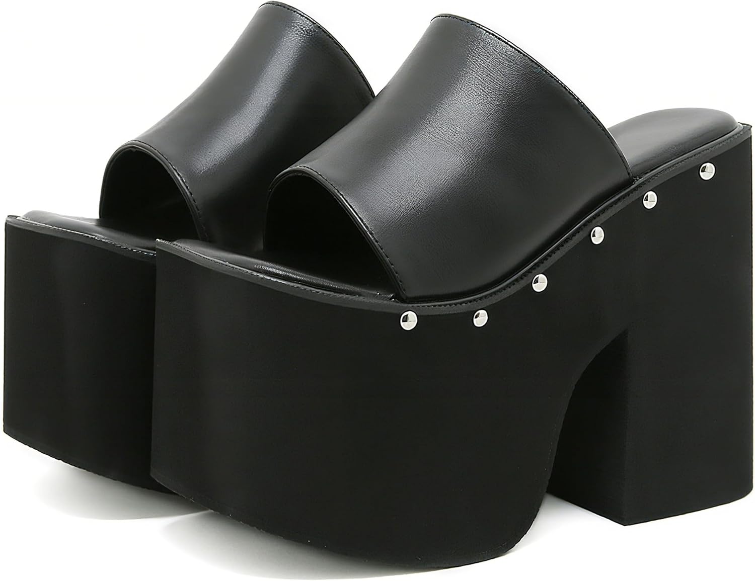 Women's PU Chunky Platform Goth Slides Sandals with Studded Casual Comfort Square Open Toe Wide band Slip-on High Block Heeled Punk Slippers Mules for Party Prom Wedding
