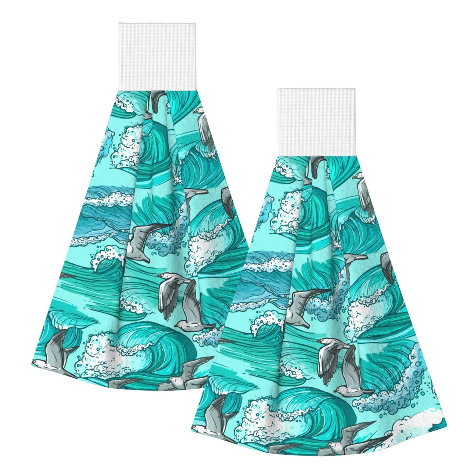 DOPKLNA Waves Sketch Seagull Birds, 2 Pcs Hanging Coral Fiber Hand Towels for Bathroom, Absorbent Kitchen Towels