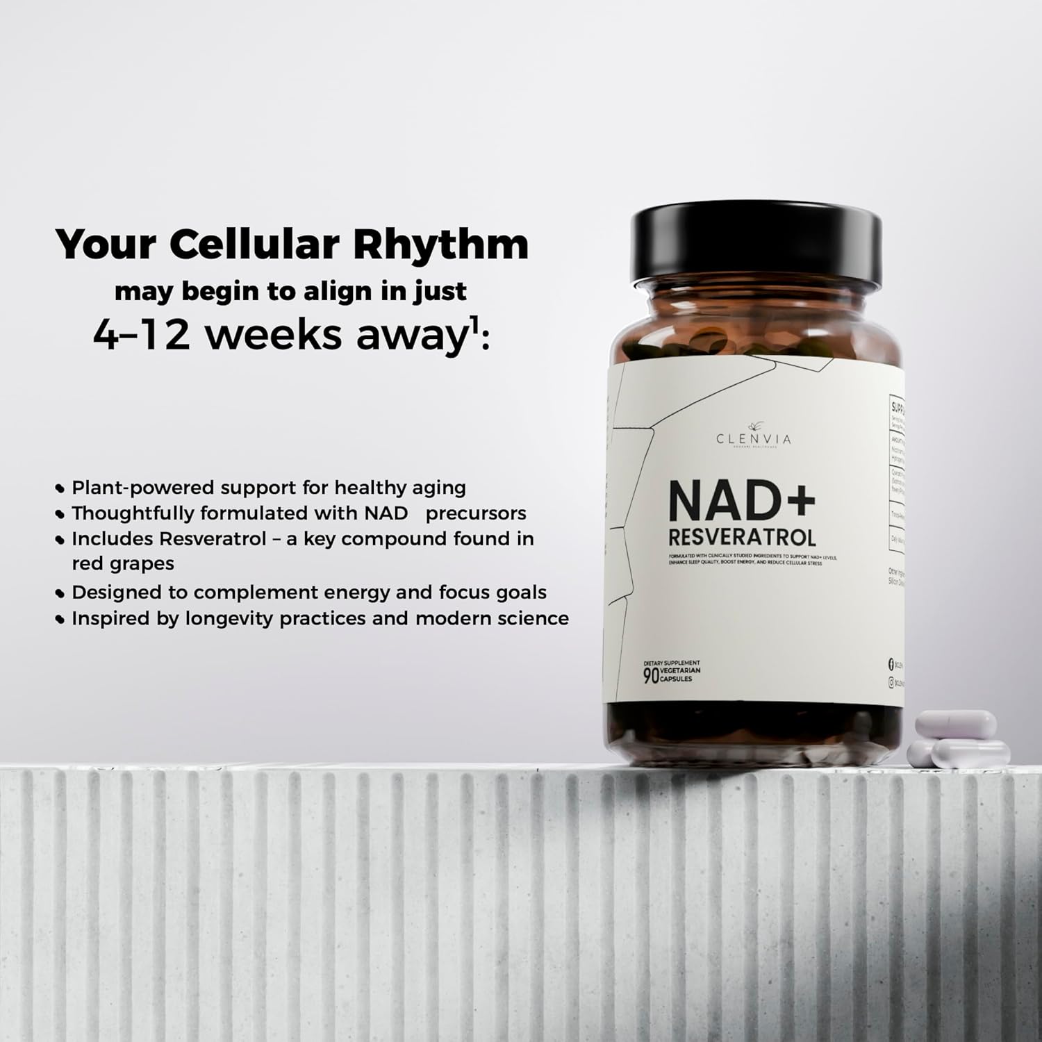 NAD+ Supplement with Resveratrol – 900mg Advanced NAD+ Complex – 500mg Nicotinamide Riboside, 150mg Quercetin Phytosome, 150mg Trans-Resveratrol – 90 Vegan Capsules – USA Made, Third-Party Tested