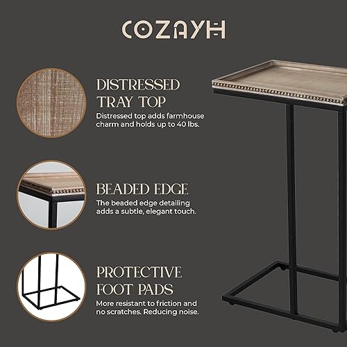 Miniatura 6 de COZAYH Farmhouse C-Shaped Couch End Table with Distressed Beaded Edge Tray Top & Metal Frame, Rustic Side Accent Table for Living Room, Black