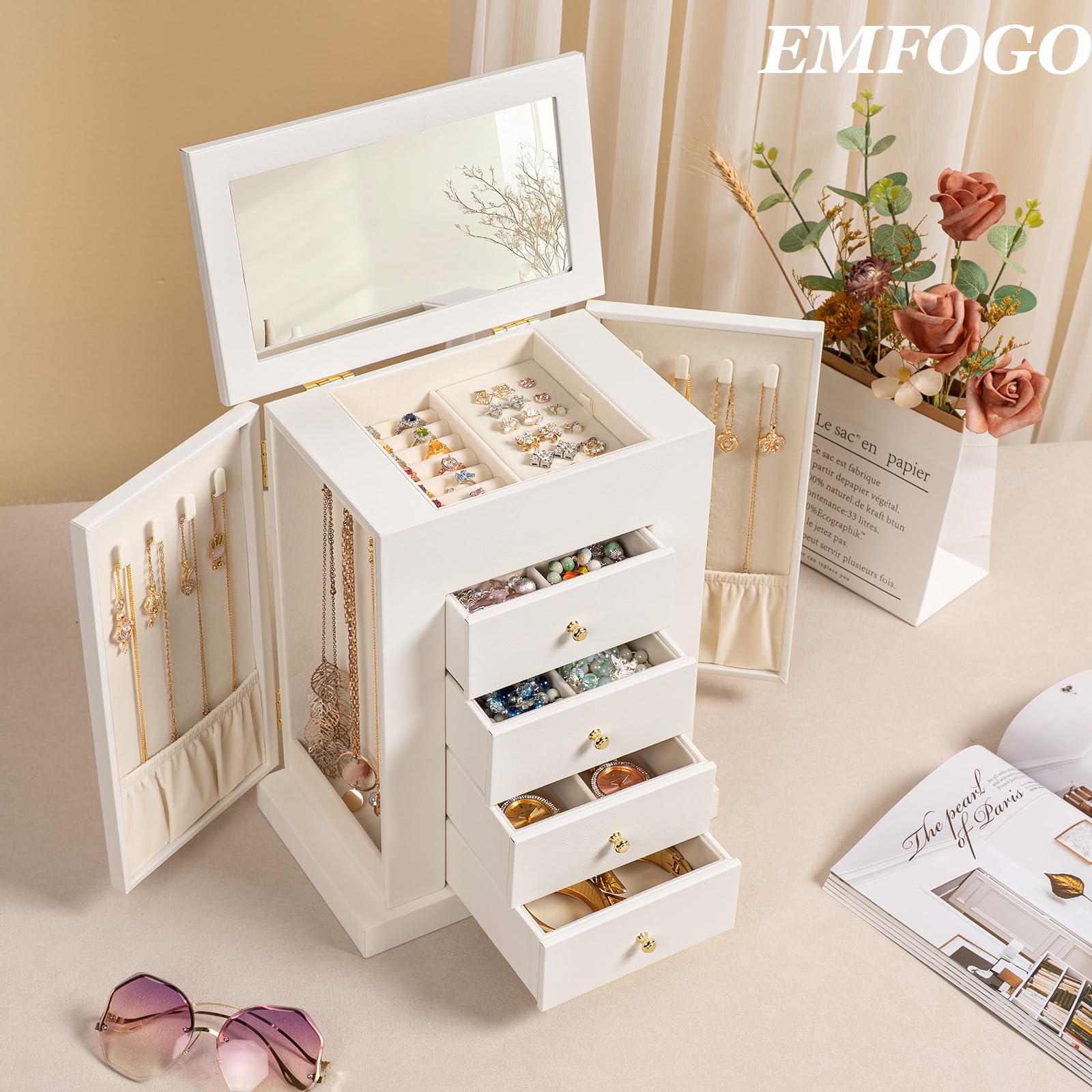 Schmuckkästchen, Schmuckaufbewahrung, Schmuckkasten Groß Leder für Halsketten Ohrringe Armbänder Ringe, 5 Ebenen Schmuck Organizer Schmuckbox mit Schubladen und Spiegel (Weiß)