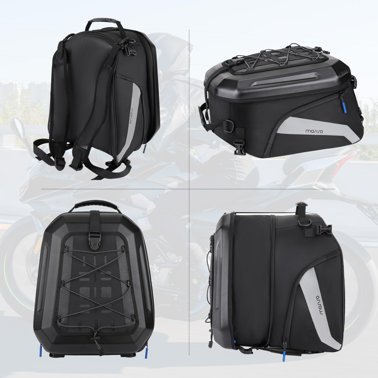 MOSISO Motorrad Hecktasche Cabrio Rucksack Motorräder Helmtaschen Erweiterbarem Fassungsvermögen 25L-35L, Motorrad Rücksitz Lagerung Gepäck Ausrüstung Tragetasche mit Griff&Reflexionsstreifen, Schwarz