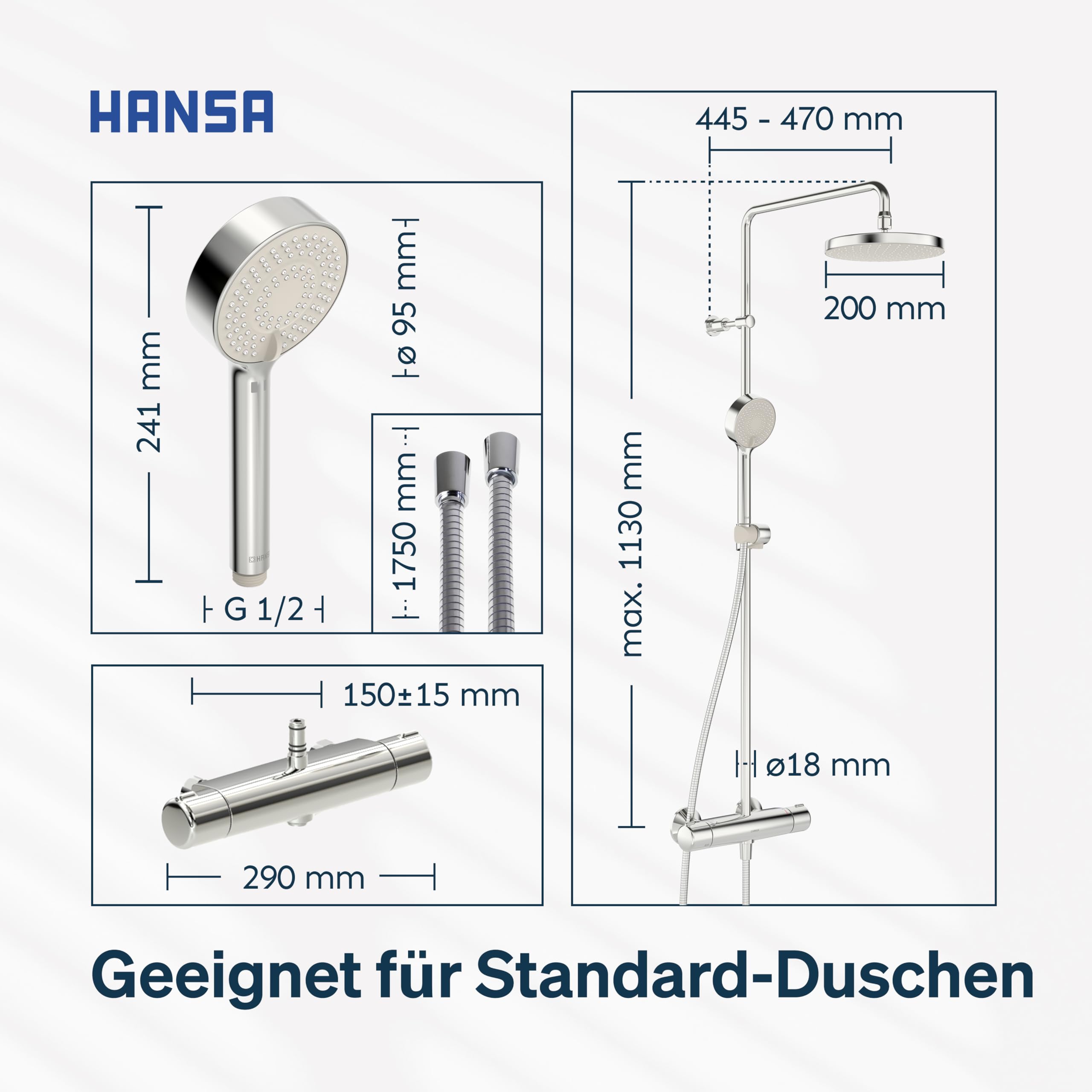 HANSA MICRA Duschsystem | Duscharmatur Komplettset aus Thermostat, schwenkbarer Regendusche, Duschkopf mit Schlauch und wasserführender Duschstange | Kopfbrause & Handbrause mit 3 Strahlarten | Chrom