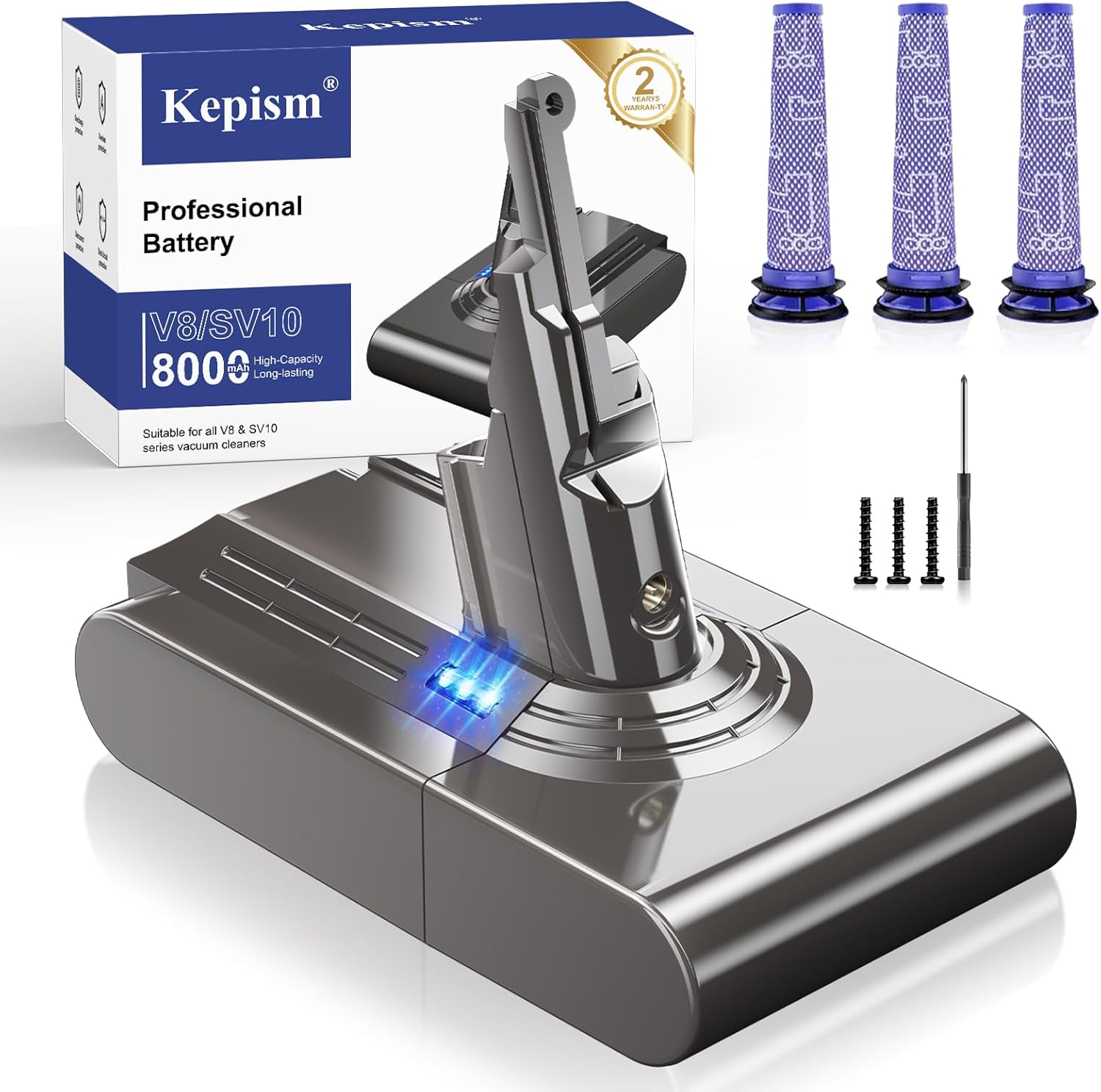 Upgraded 8000mAh Designed for Dyson V8 Battery Replacement, 21.6V V8 Animal Battery Replacement Compatible for Dyson SV10 V8 Absolute Motorhead Fluffy Carbon Fiber Cordless Vacuum Cleaner (Grey)