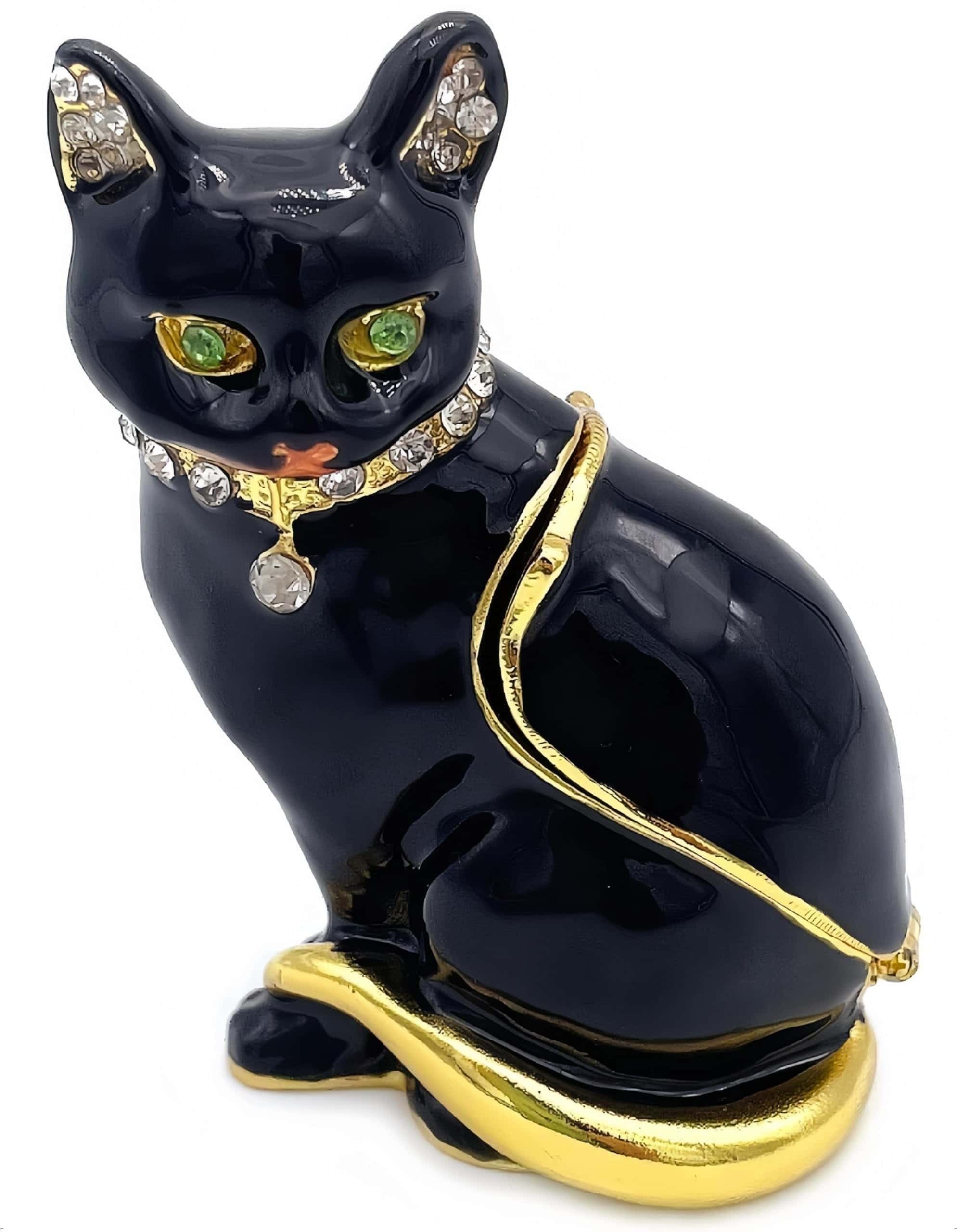 JWT Astyle Luxury Black Cat Hinged Jewelry Box with Crystals.Hand Painted Cat Figurine Trinket Box .Classic Animal Designs.Rings Earrings Necklace Storage Box, Cat Home Decor Gift.