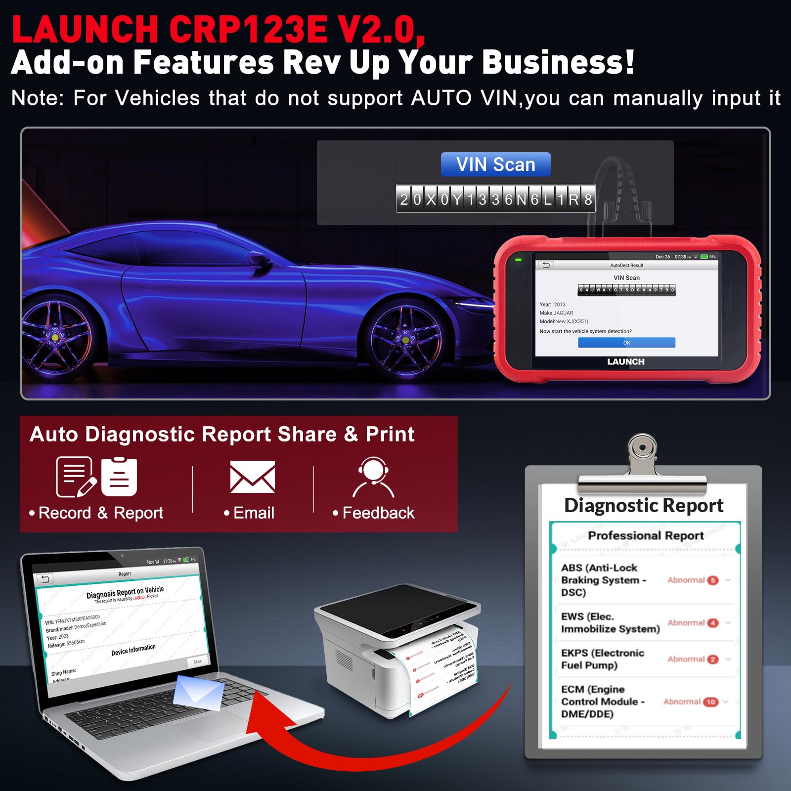 LAUNCH CRP123E V2.0 OBD2 Appareil de Diagnostic pour Voiture - Testeur EOBD - 4 Diagnostics du système (Moteur SRS AT ABS) avec 7 réinitialisations (Huile/SA/EPB/DPF/BMS/abs/réglage de l'accélérateur