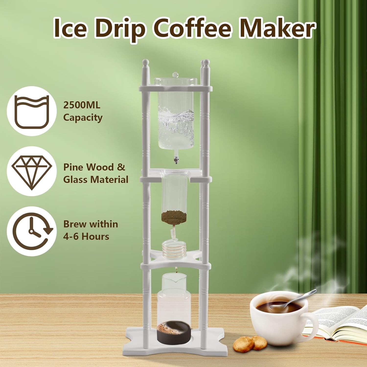 Ice Drip Coffee Maker,2500ml/84.54 oz Cold Brew Coffee Tower Slow Drip Japanese Cold Brew Maker Drip Ice Coffee Tower Glass Dutch Coffee Dripper with Wood Straight Frame for Commercial Office