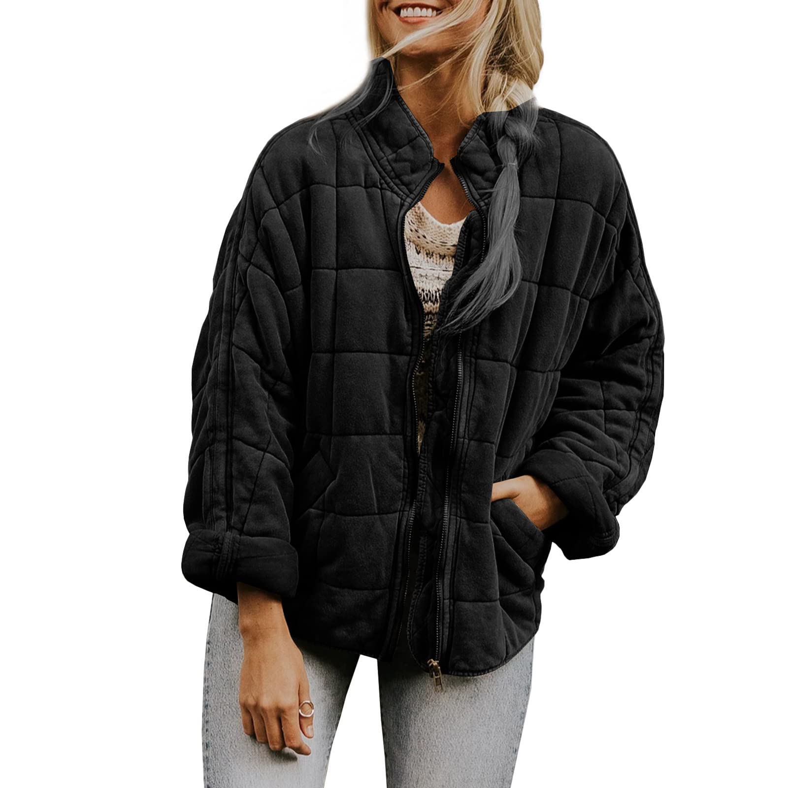 Unlicreat Women Lightweight Quilted Jackets Zip Up Long Sleeve Stand Collar Winter Solid Color Casual Padded Coat with Pocket