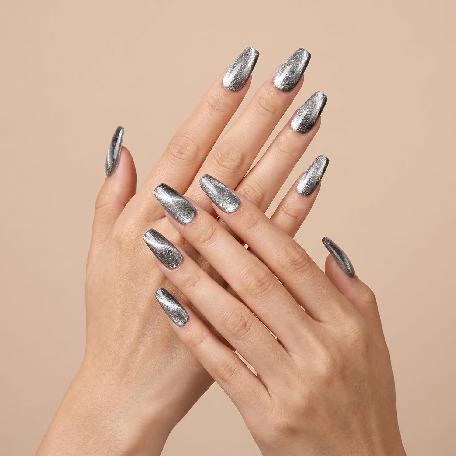 Sun&Beam Nails Handmade Press-On Medium Long Coffin Ballerina with Silvern Black Cat Eye Design Charm Cute False Nail Tips 10 Pcs (#105 M) image 3