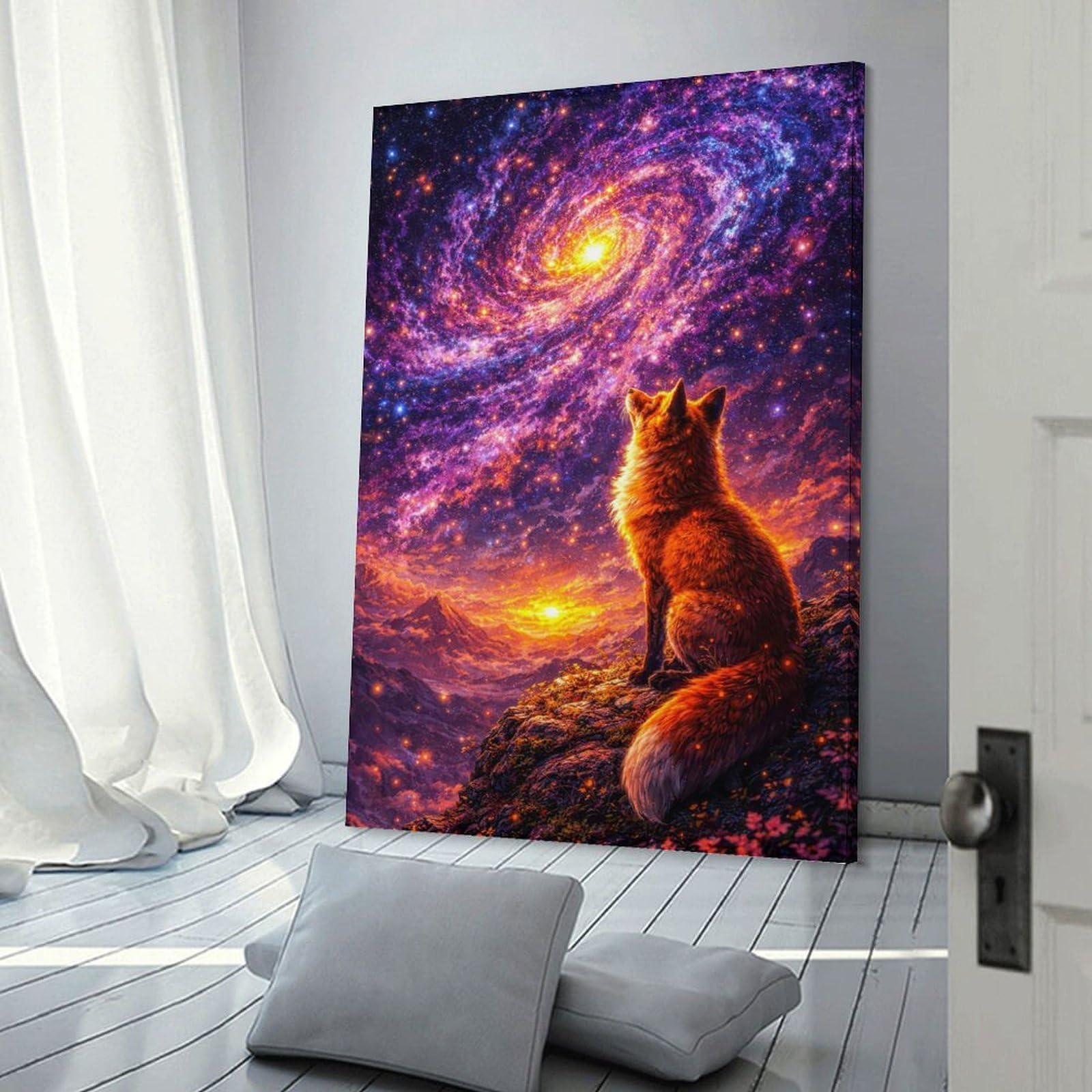 Junmoney Canvas Wall Picture Fox Gazing at A Swirling Galaxy, 20x30inch(50x75cm), for Office, Study Or Home Workspace, Canvas Wall Decor for Creative Rooms