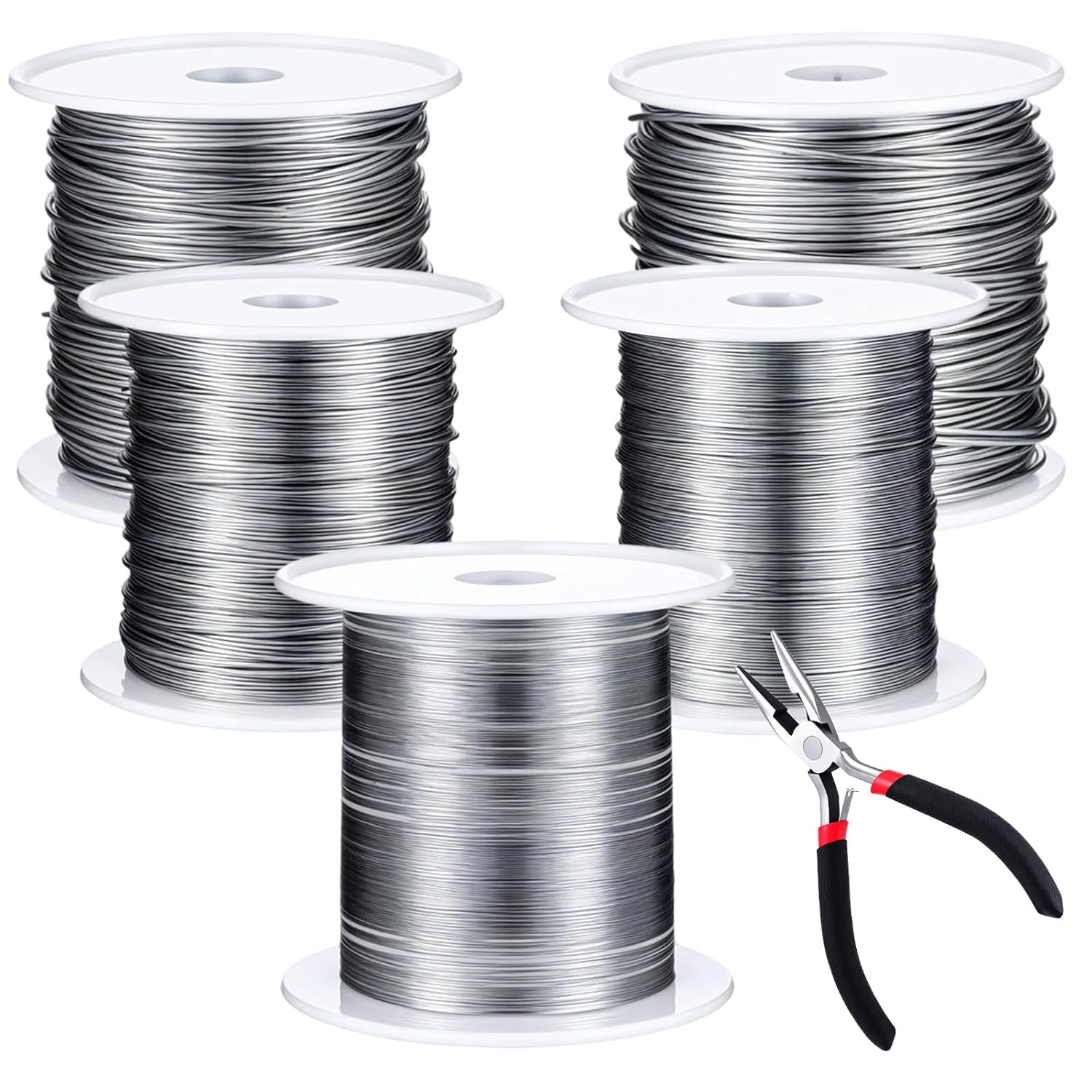 5 Roll Jewelry Making Wire 16,18, 20, 24, 26 Gauge Silver Wire for Jewelry Making 0.2/0.4/0.6/0.8/1.0mm Dead Soft Round Copper Bead Wires with a Pliers for Wires Wrapping, Crafting (Silver)