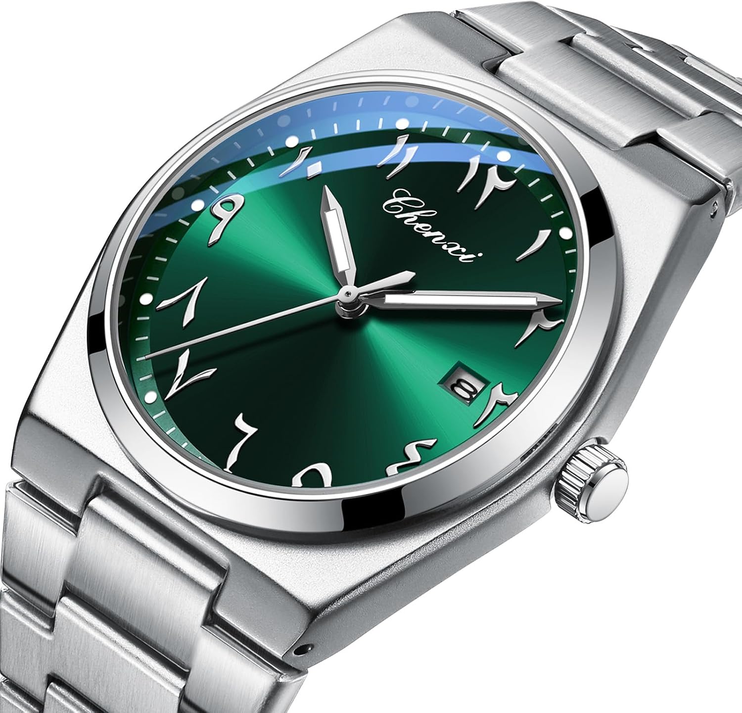 MASTOP Arabic Dial Men's Quartz Watch Silver Stainless Steel Luminous Waterproof Business Casual Wristwatch with Date Display