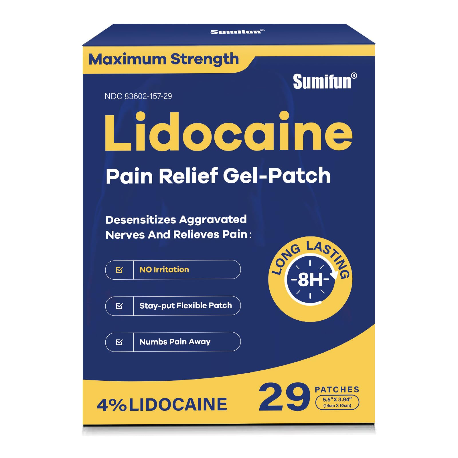 Sumifun 4% Lidocaine Pain Relief Patches - OTC Maximum Strength – Flexible & Long-Lasting, 29-Count Lidocaine Patches for Back, Neck, Muscle, Joint Pain- Unscented Pain Patch