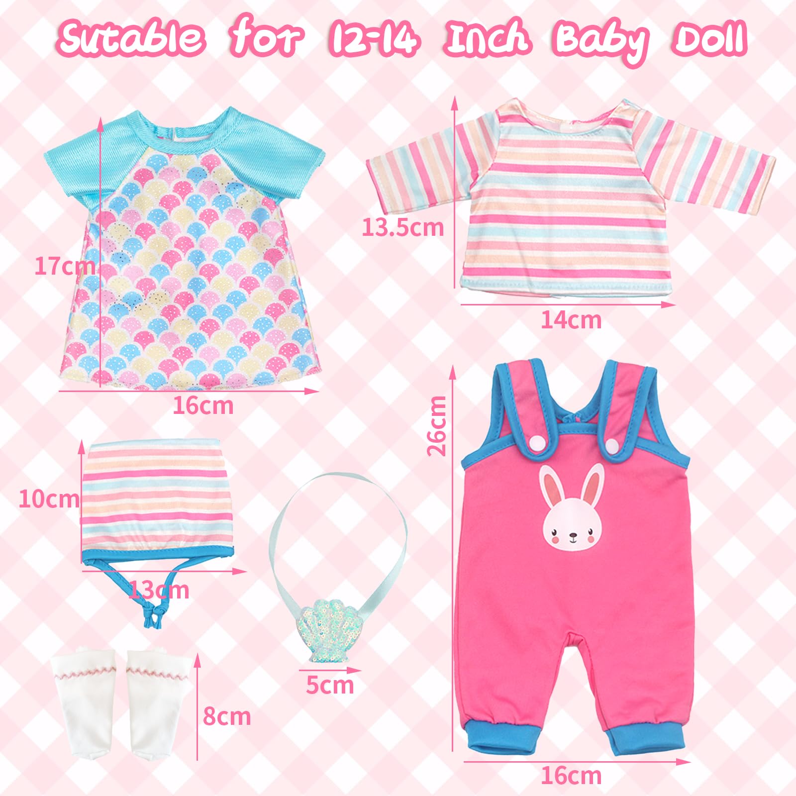 Lot De 5 Tenues Pour Poupée 14-18 Pouces (35-45 Cm) – Combinaison Lapin Bleue + Haut Rayé + Bonnet Oreilles + Chaussettes + Pendentif